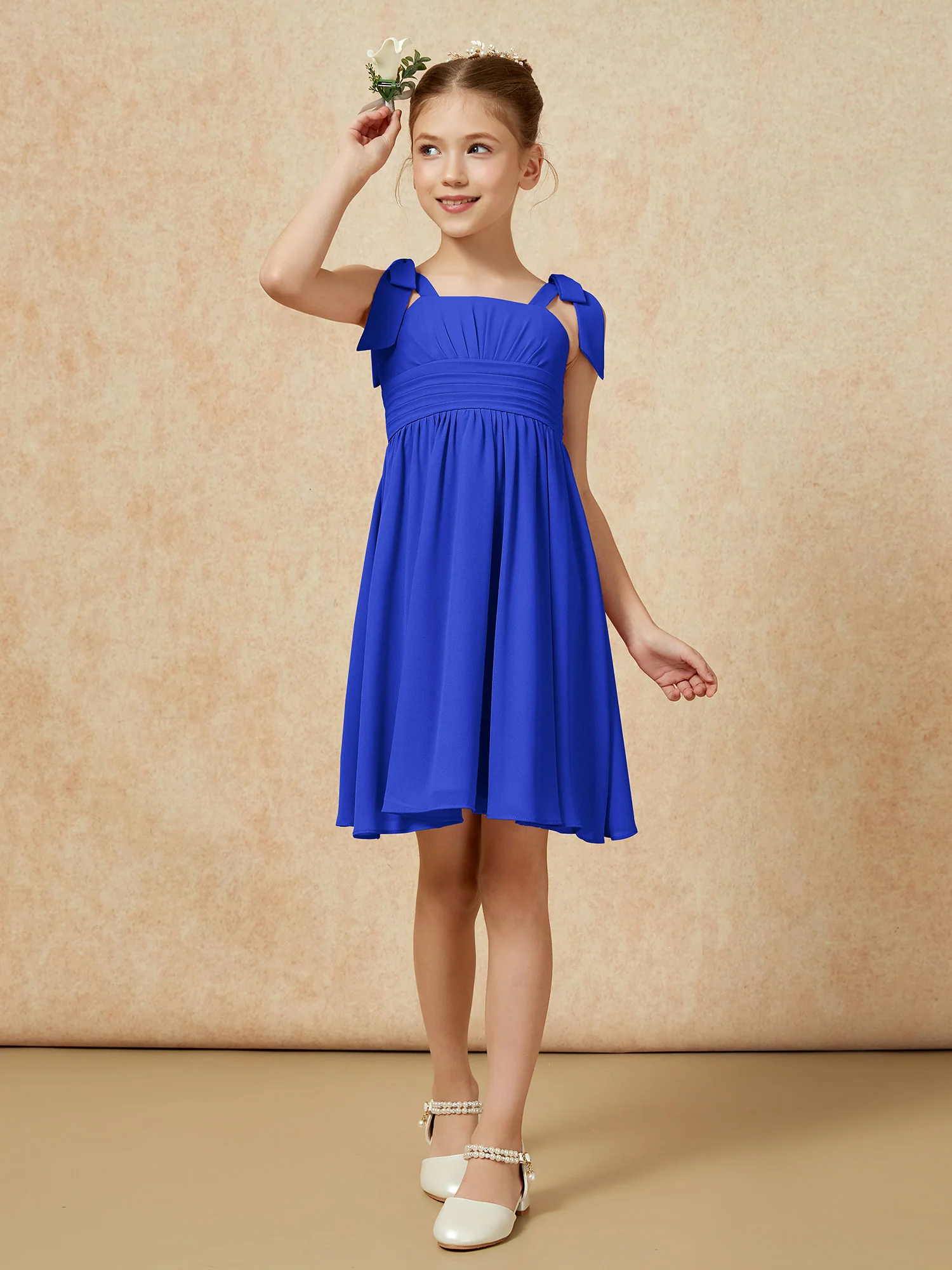 Bowknot Straps Knee-length Junior Bridesmaid Dresses Royal Blue - Image 4
