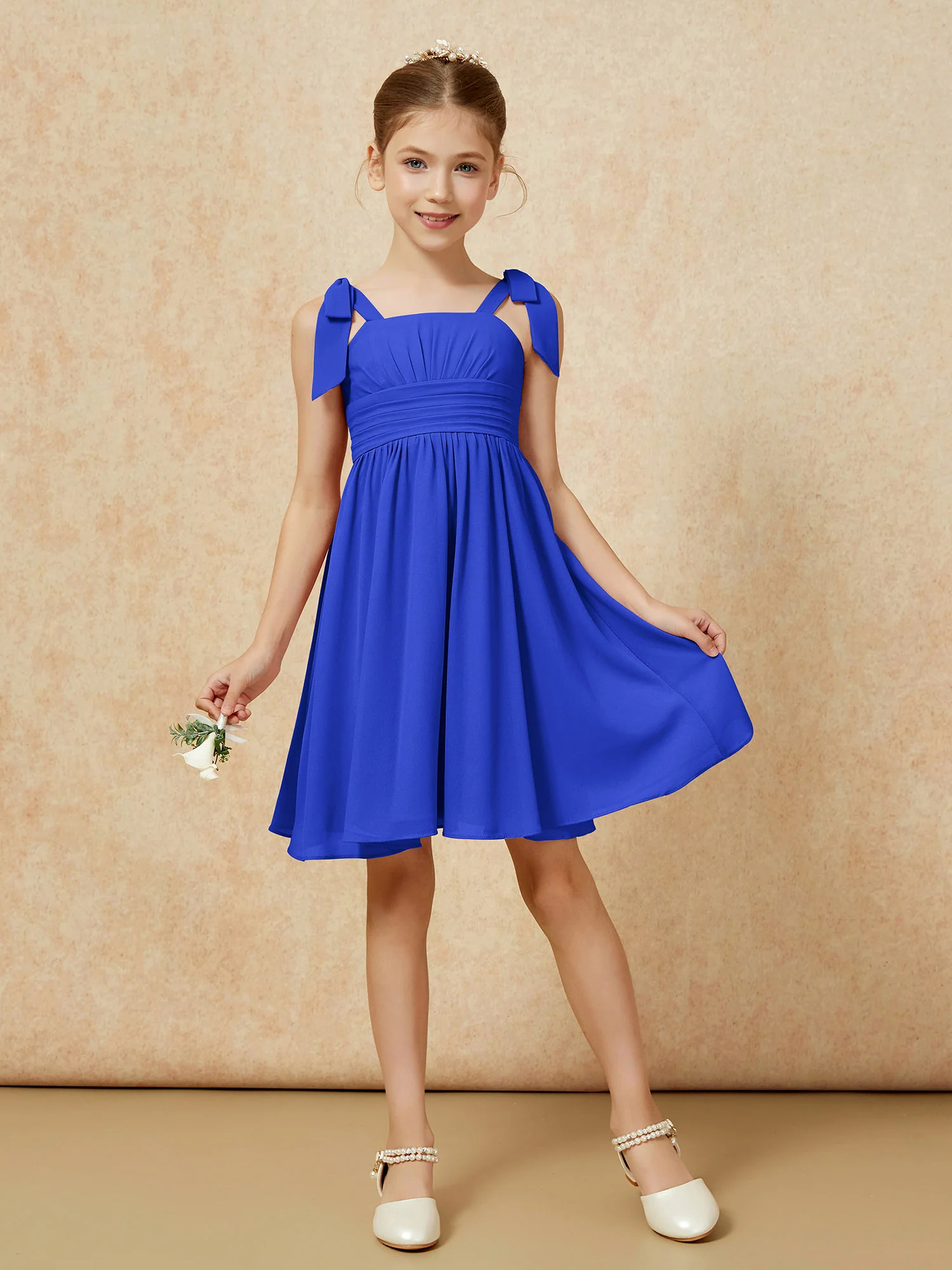 Bowknot Straps Knee-length Junior Bridesmaid Dresses Royal Blue - Image 5