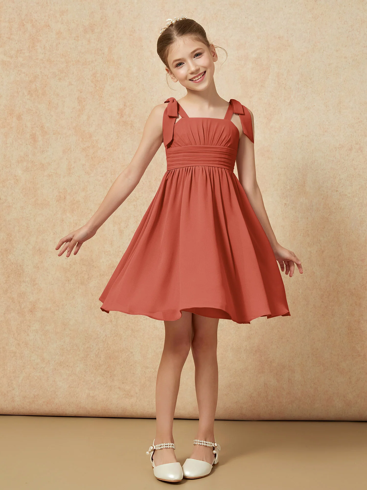 Bowknot Straps Knee-length Junior Bridesmaid Dresses Rust
