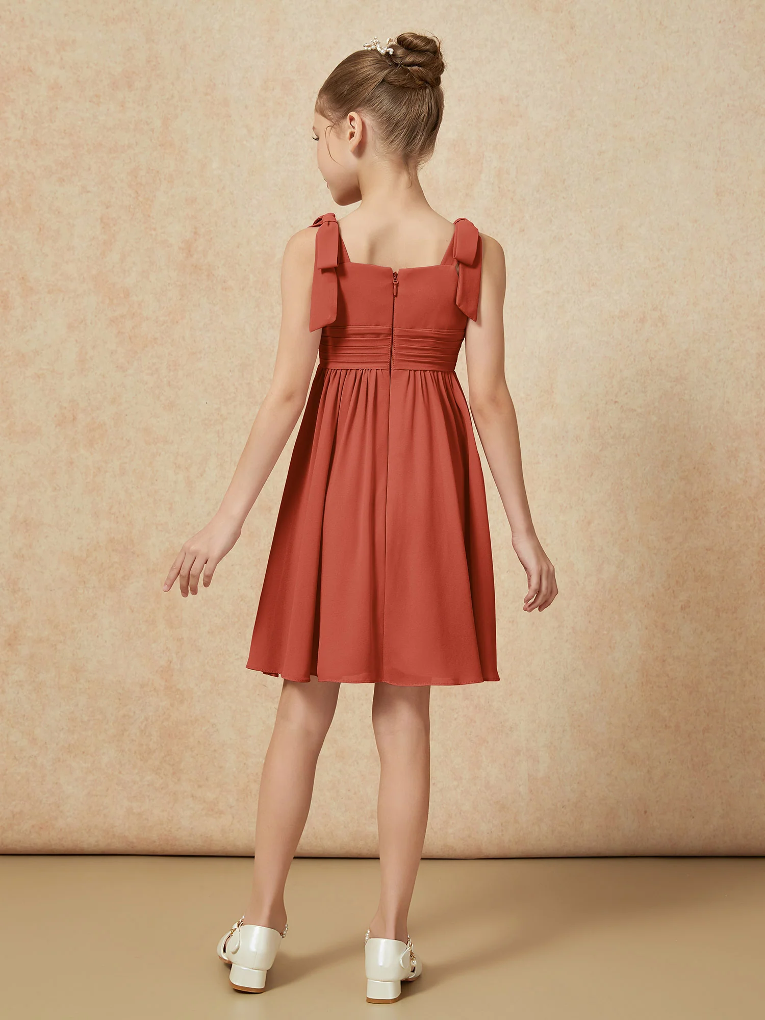 Bowknot Straps Knee-length Junior Bridesmaid Dresses Rust - Image 2