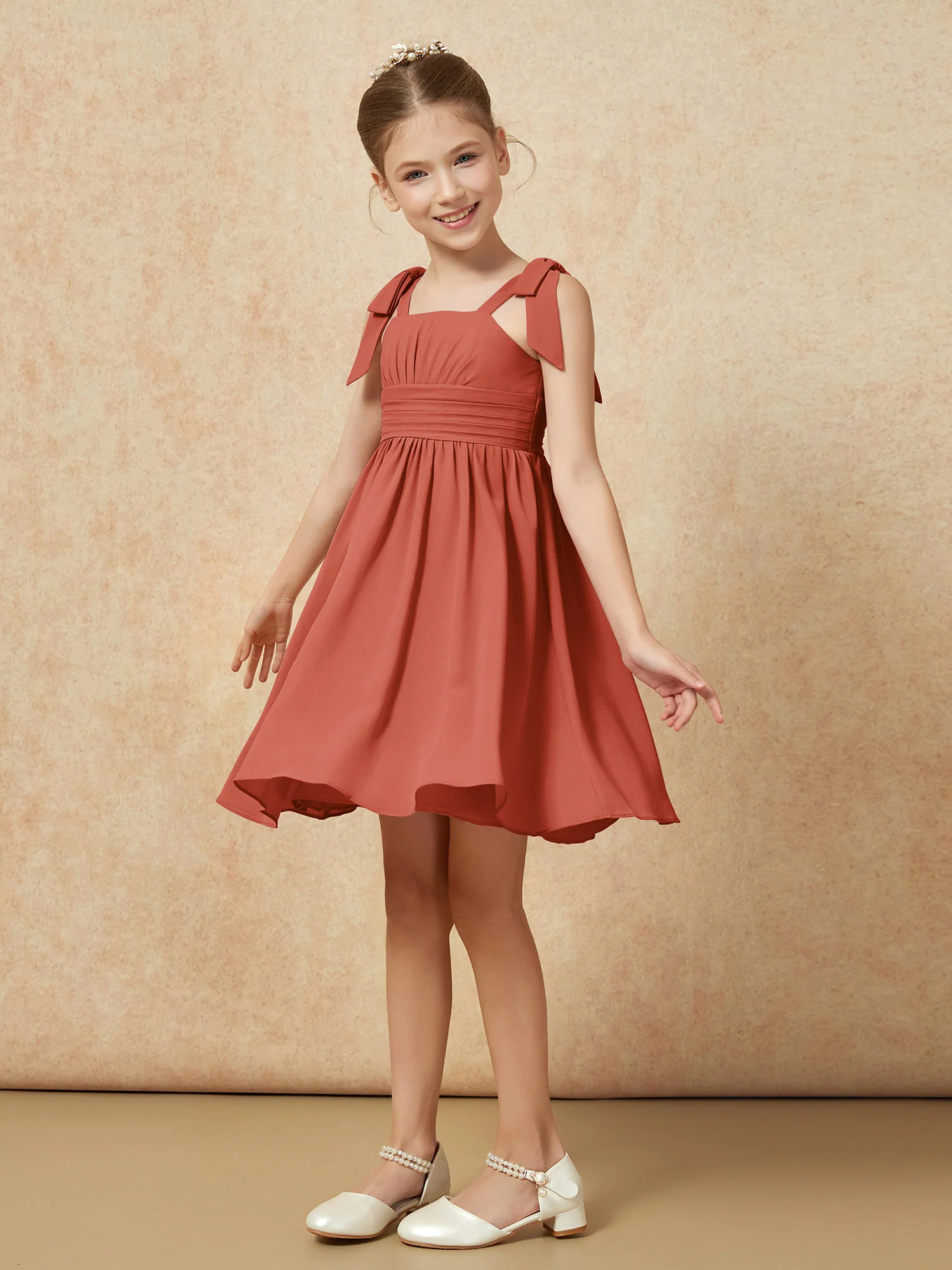 Bowknot Straps Knee-length Junior Bridesmaid Dresses Rust - Image 3