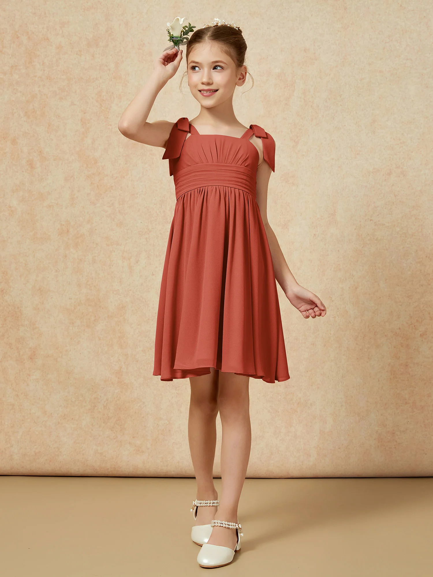 Bowknot Straps Knee-length Junior Bridesmaid Dresses Rust - Image 4