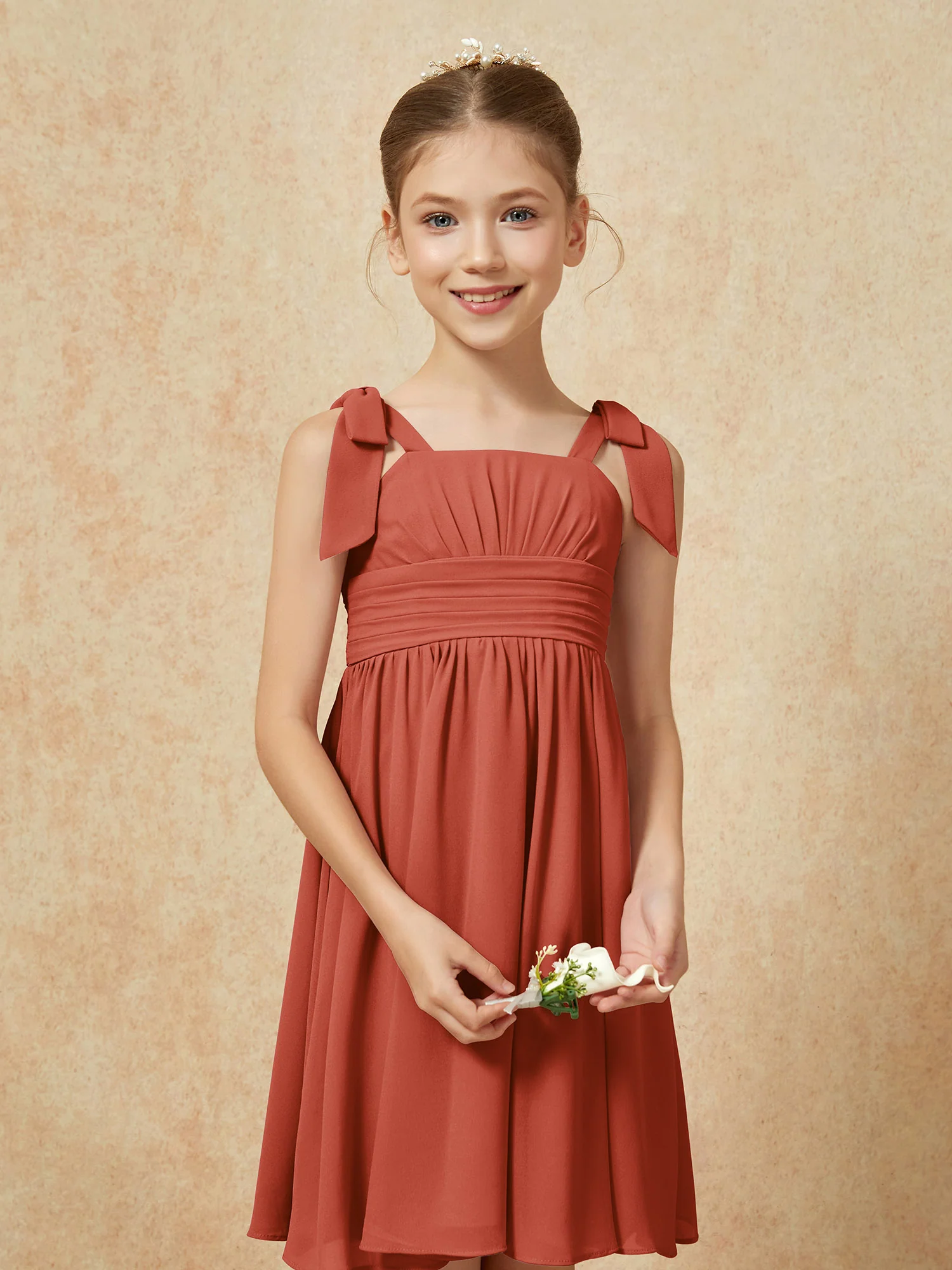 Bowknot Straps Knee-length Junior Bridesmaid Dresses Rust - Image 6