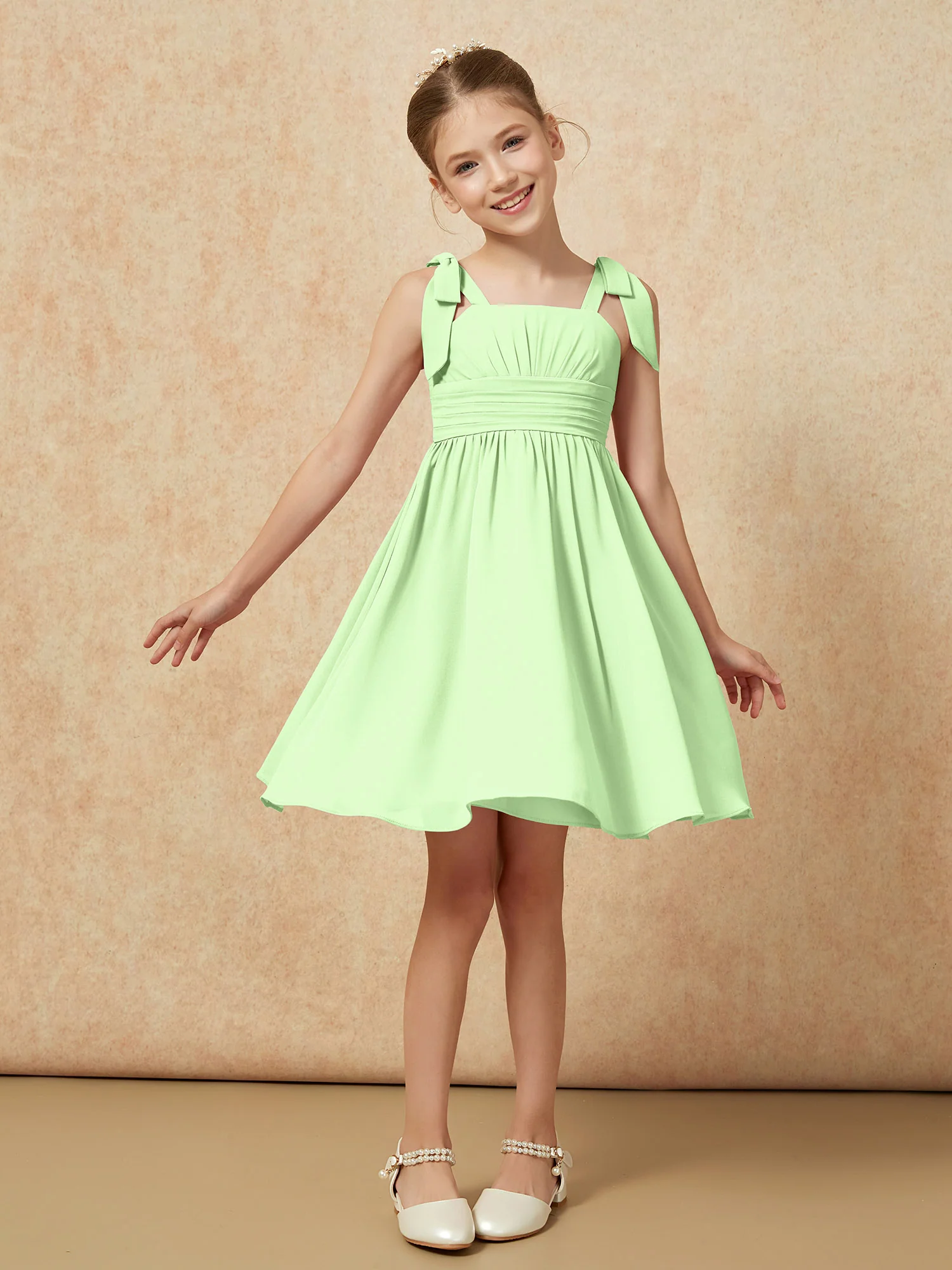 Bowknot Straps Knee-length Junior Bridesmaid Dresses Sage