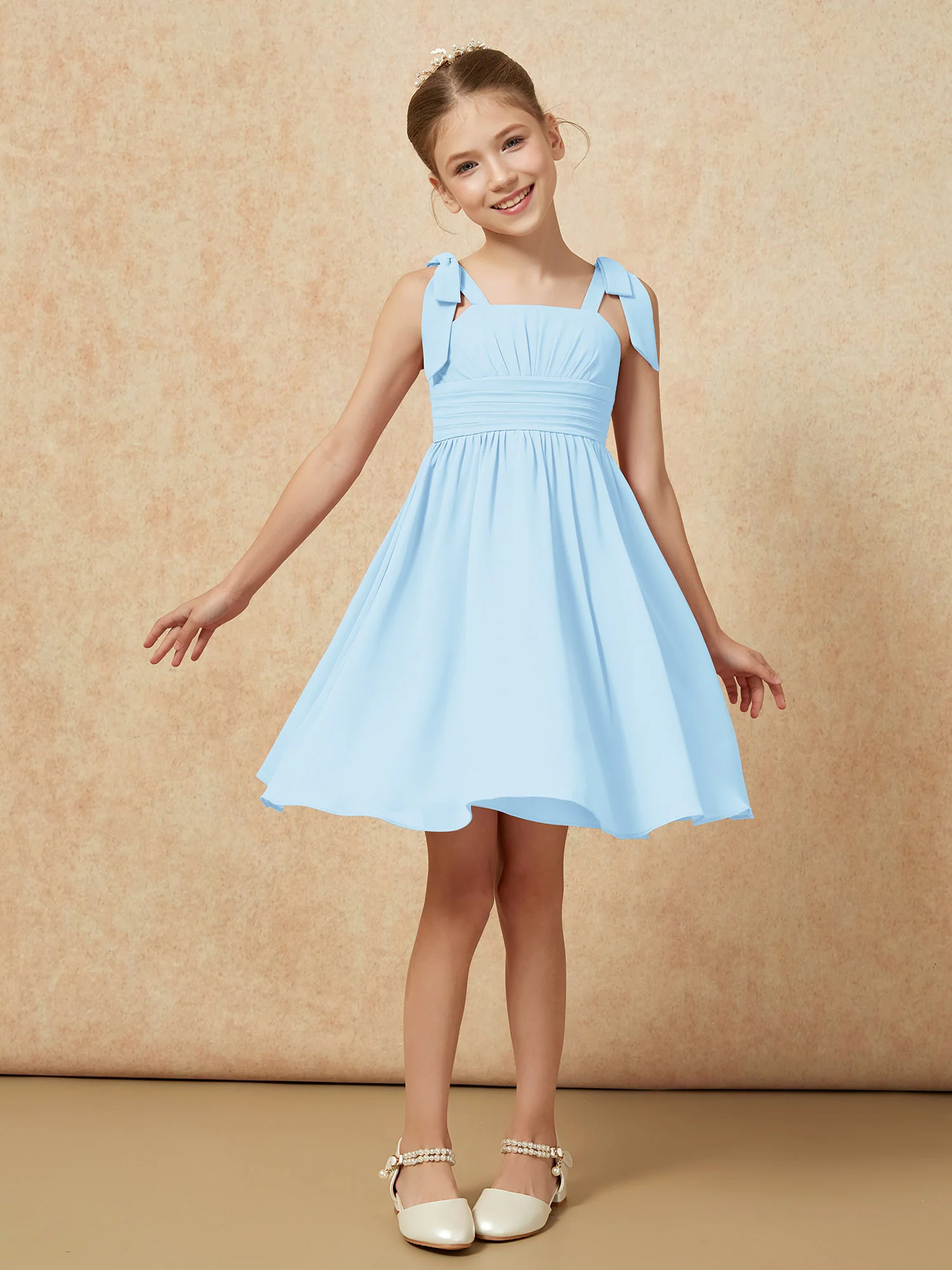 Bowknot Straps Knee-length Junior Bridesmaid Dresses Sky Blue