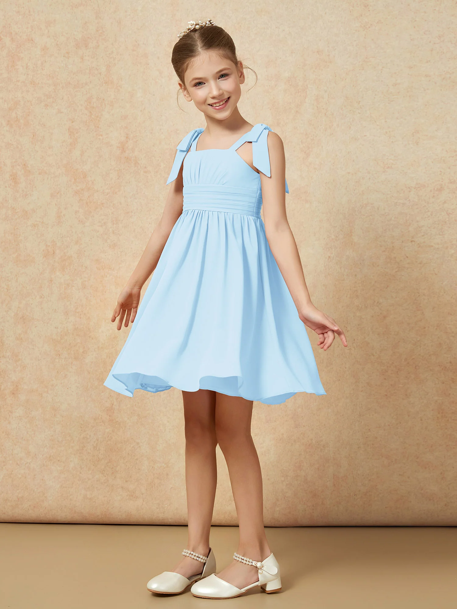 Bowknot Straps Knee-length Junior Bridesmaid Dresses Sky Blue - Image 3