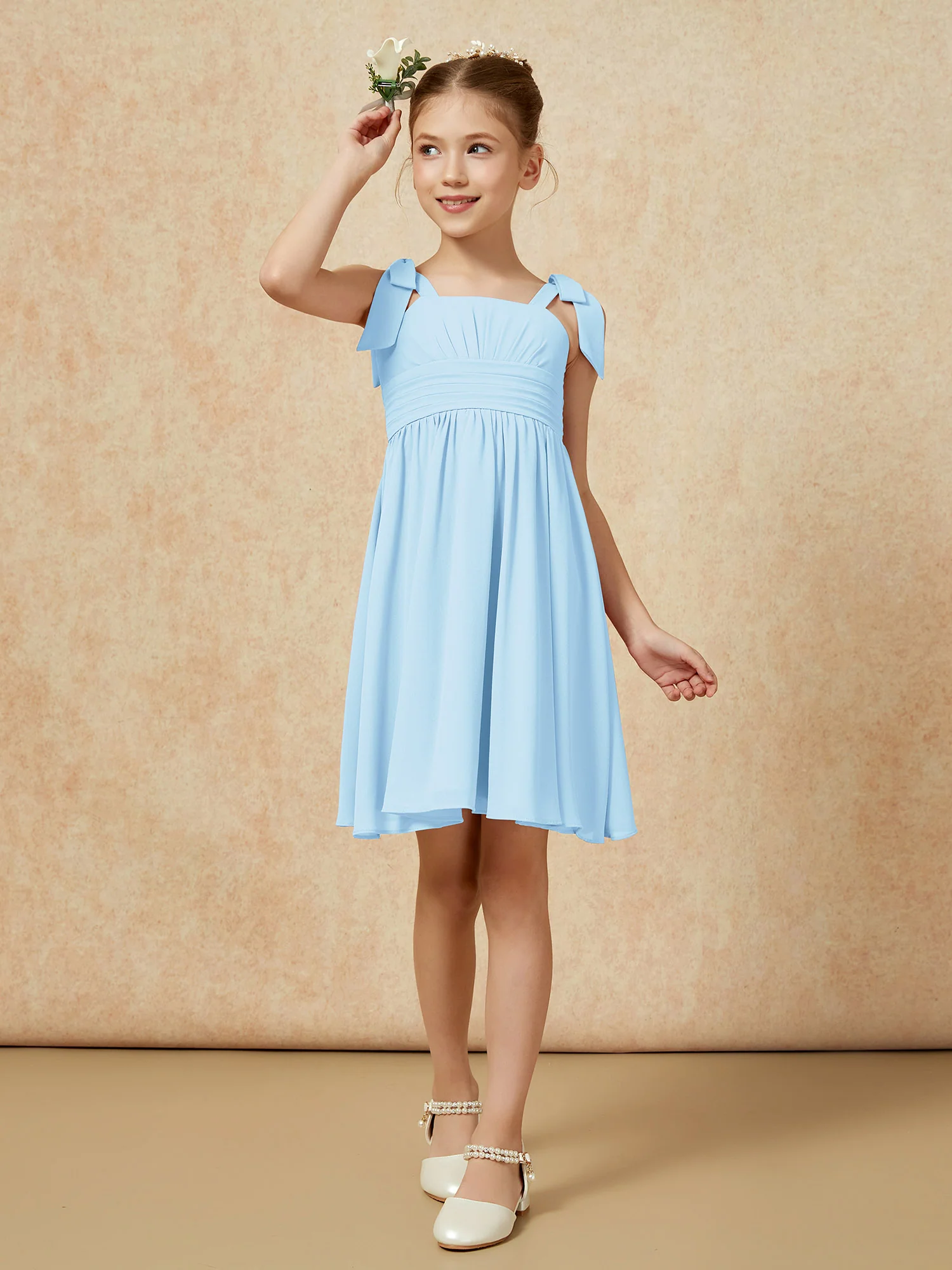 Bowknot Straps Knee-length Junior Bridesmaid Dresses Sky Blue - Image 4