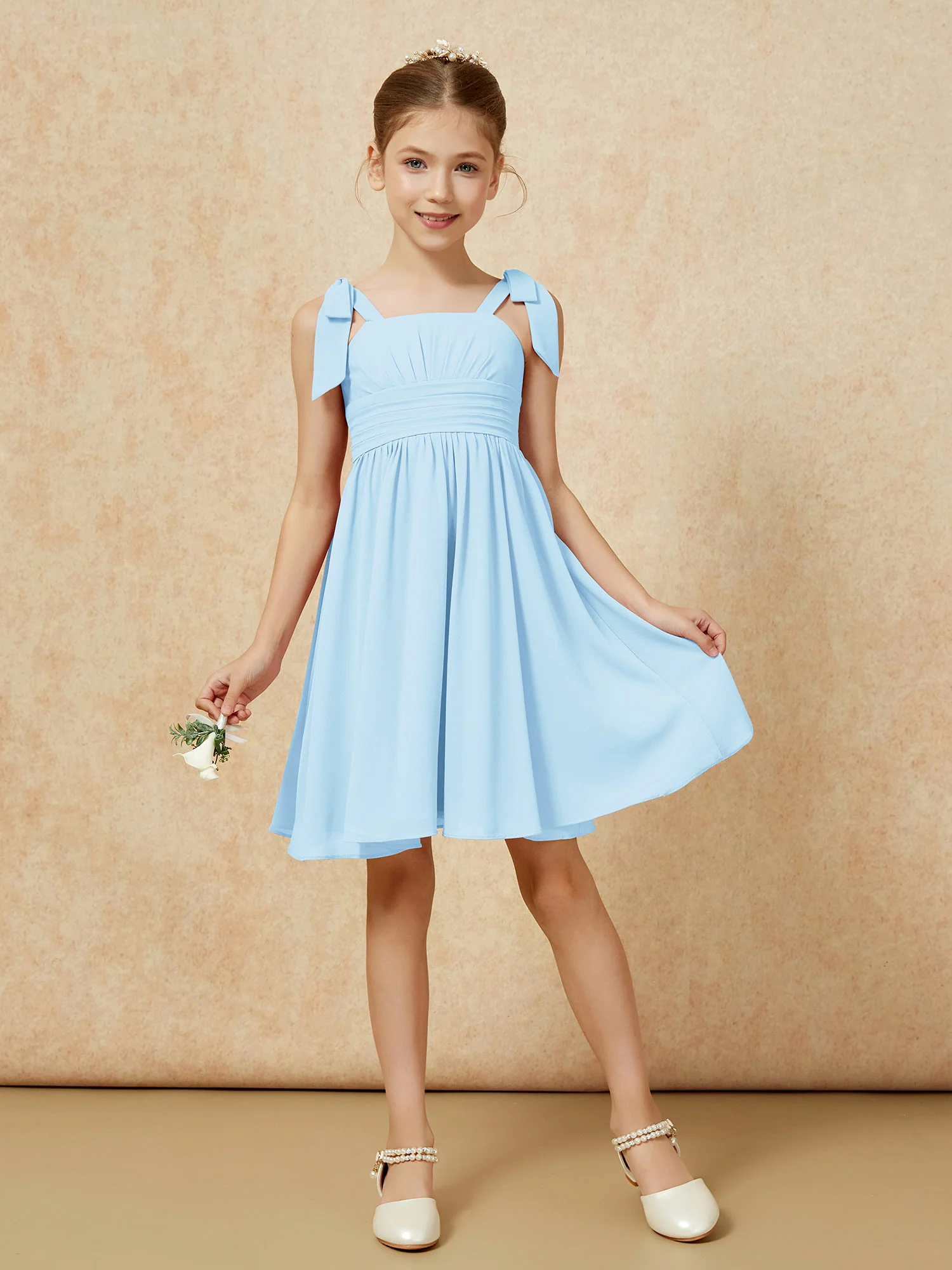 Bowknot Straps Knee-length Junior Bridesmaid Dresses Sky Blue - Image 5