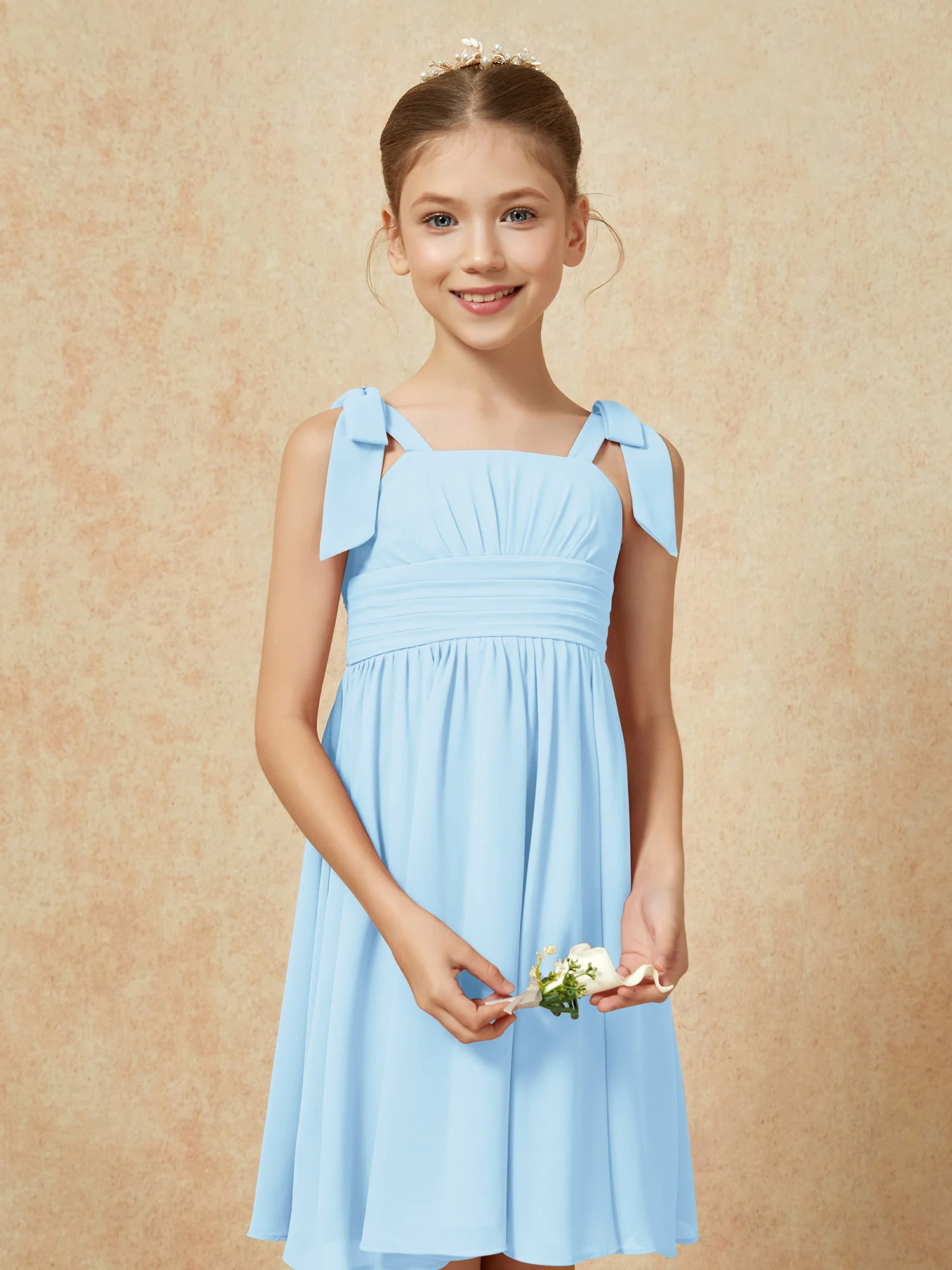 Bowknot Straps Knee-length Junior Bridesmaid Dresses Sky Blue - Image 6