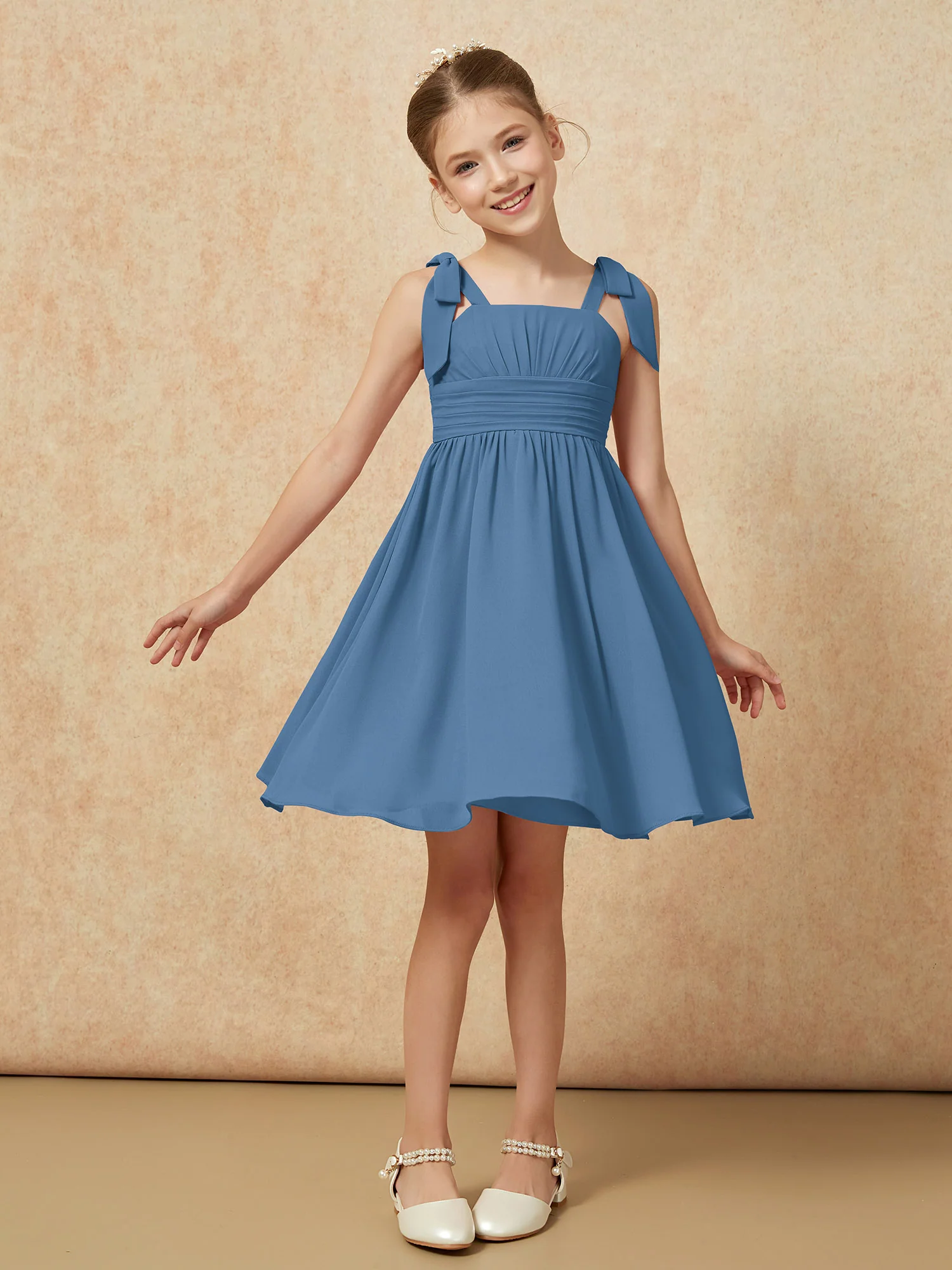 Bowknot Straps Knee-length Junior Bridesmaid Dresses Slate Blue