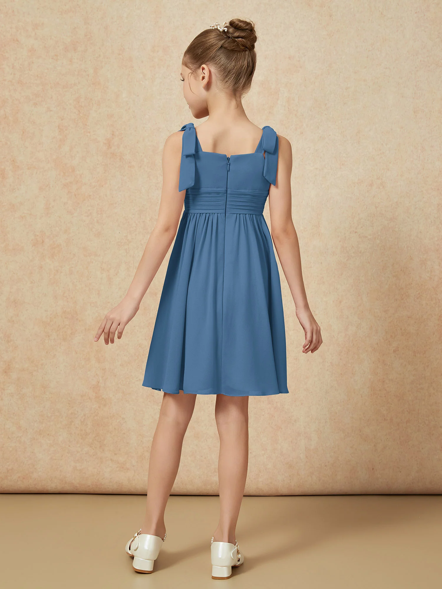 Bowknot Straps Knee-length Junior Bridesmaid Dresses Slate Blue - Image 2