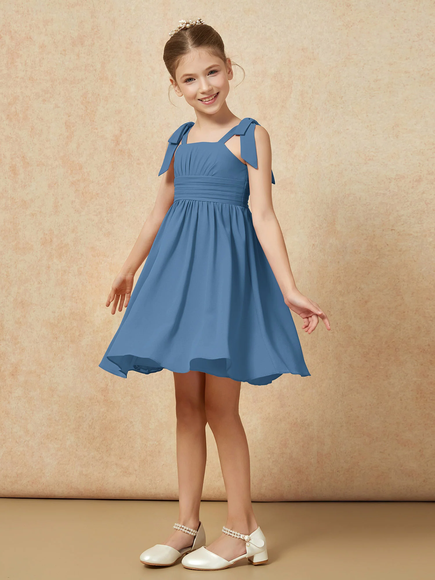 Bowknot Straps Knee-length Junior Bridesmaid Dresses Slate Blue - Image 3