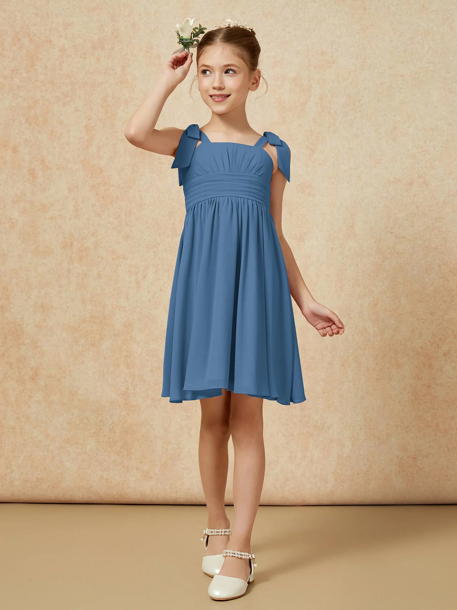 Bowknot Straps Knee-length Junior Bridesmaid Dresses Slate Blue - Image 4