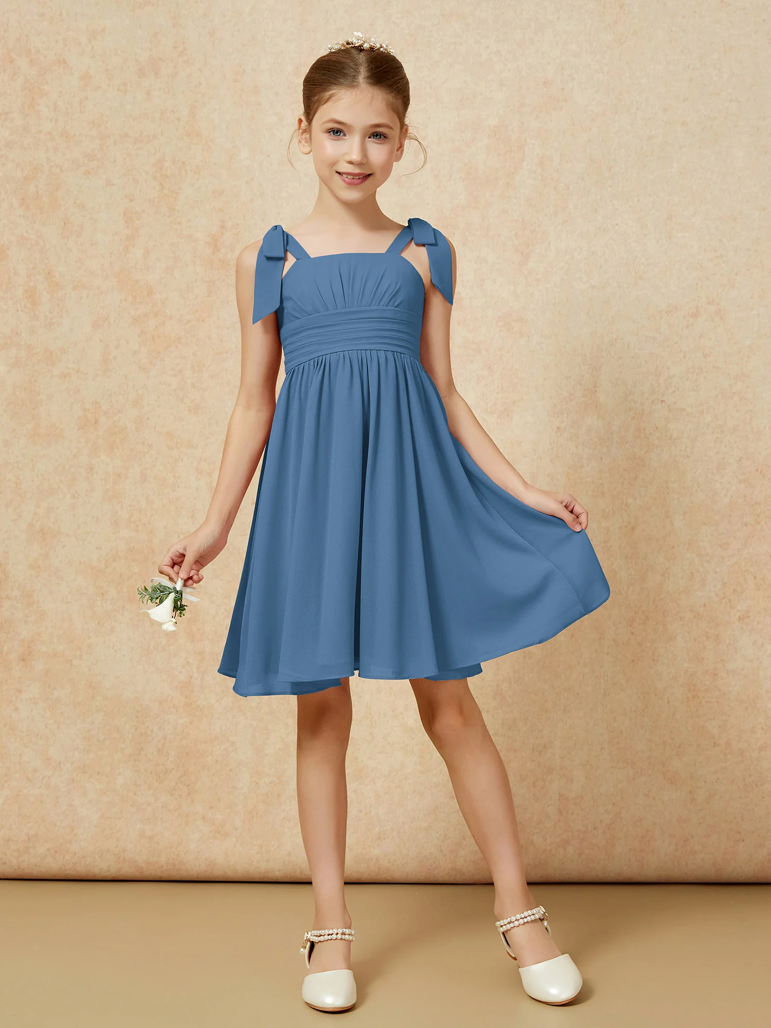 Bowknot Straps Knee-length Junior Bridesmaid Dresses Slate Blue - Image 5