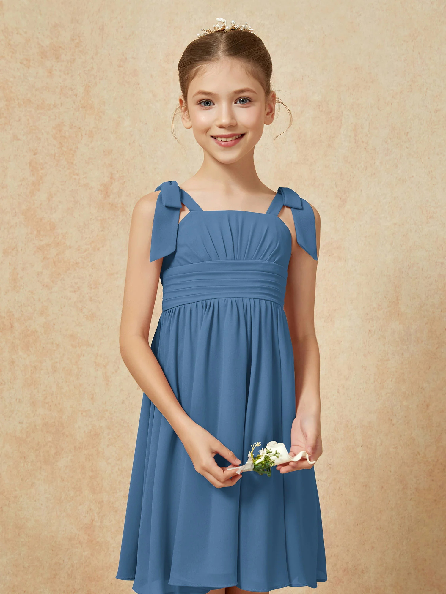 Bowknot Straps Knee-length Junior Bridesmaid Dresses Slate Blue - Image 6