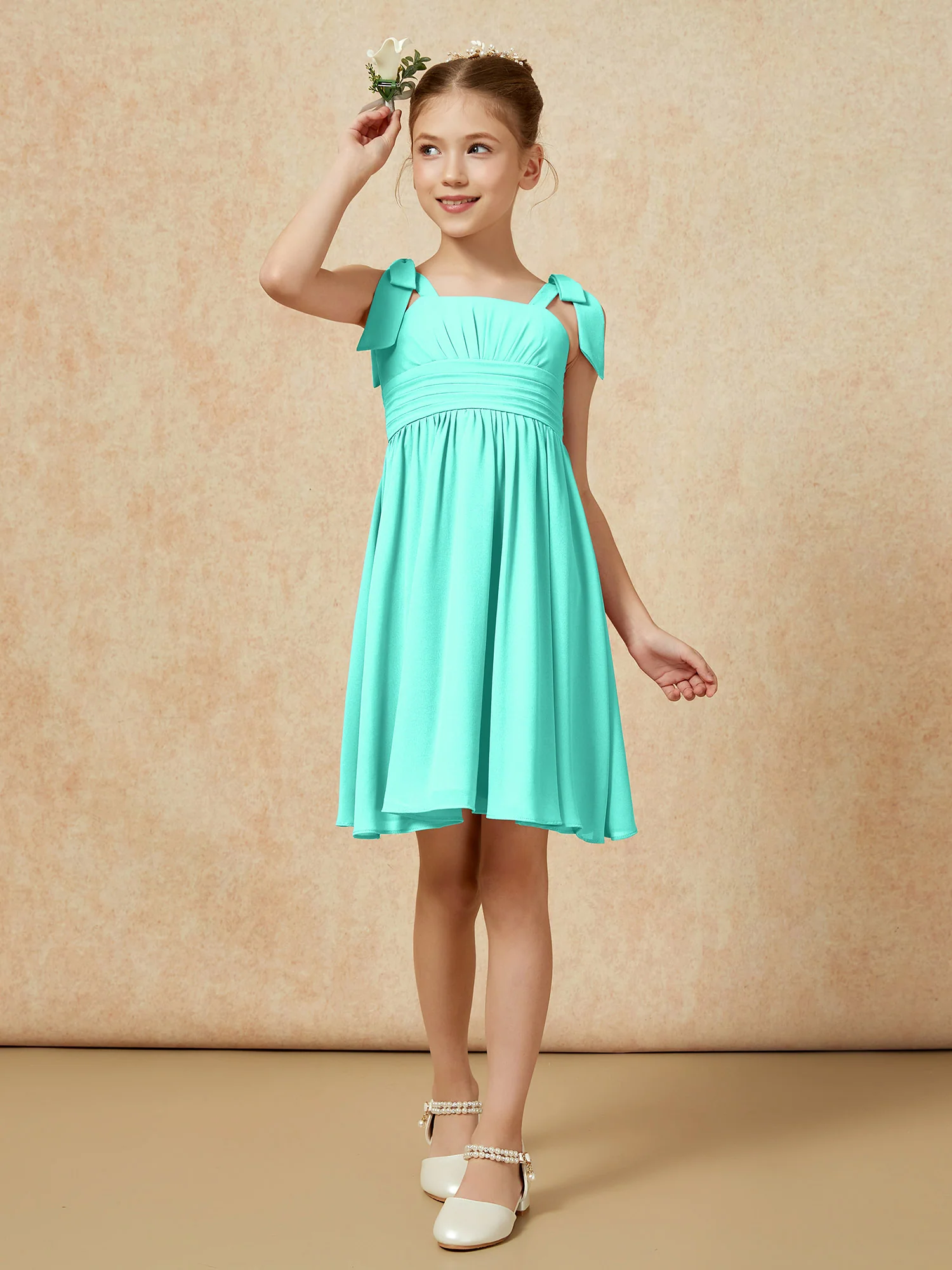 Bowknot Straps Knee-length Junior Bridesmaid Dresses Spa - Image 4