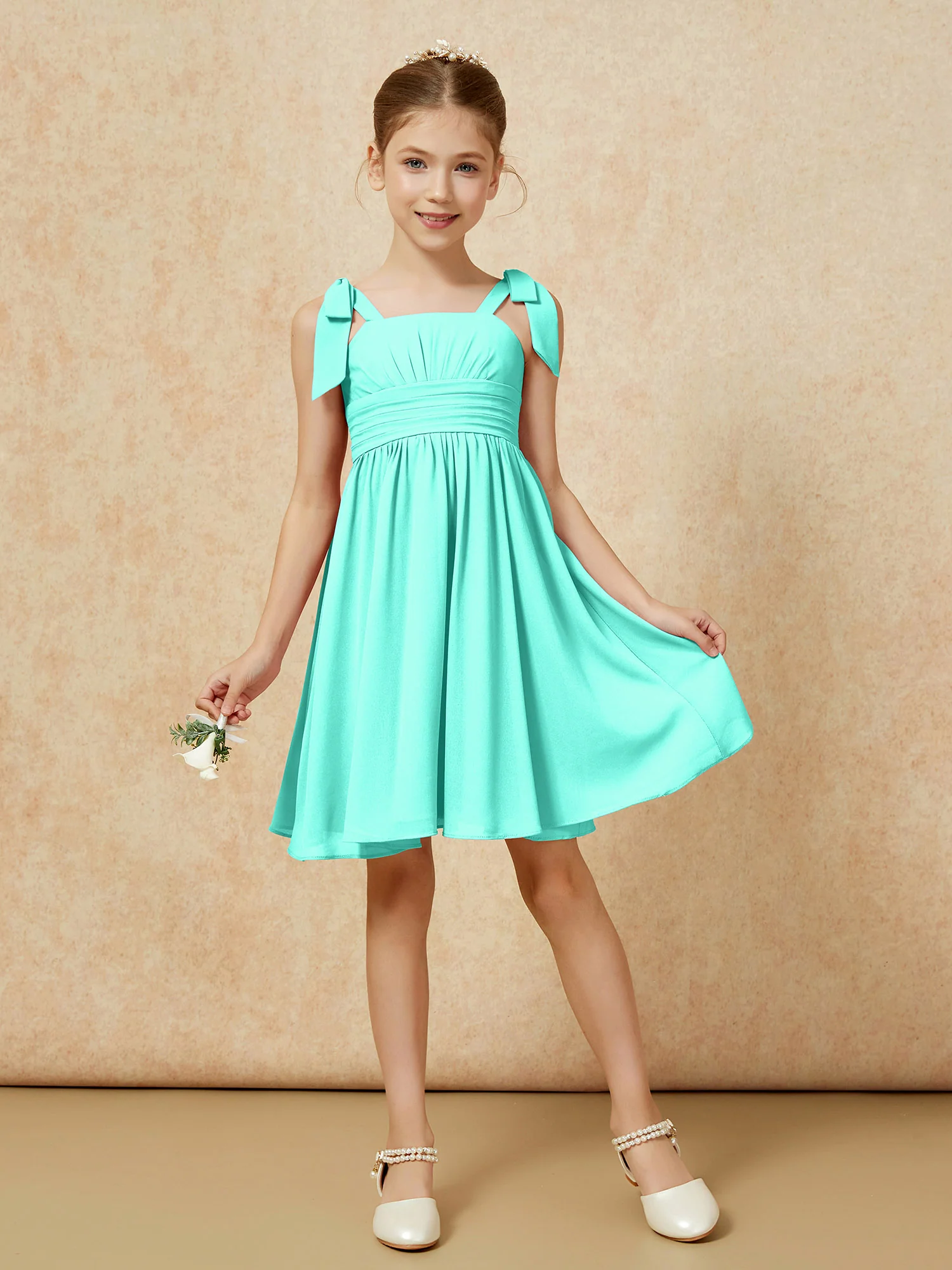 Bowknot Straps Knee-length Junior Bridesmaid Dresses Spa - Image 5
