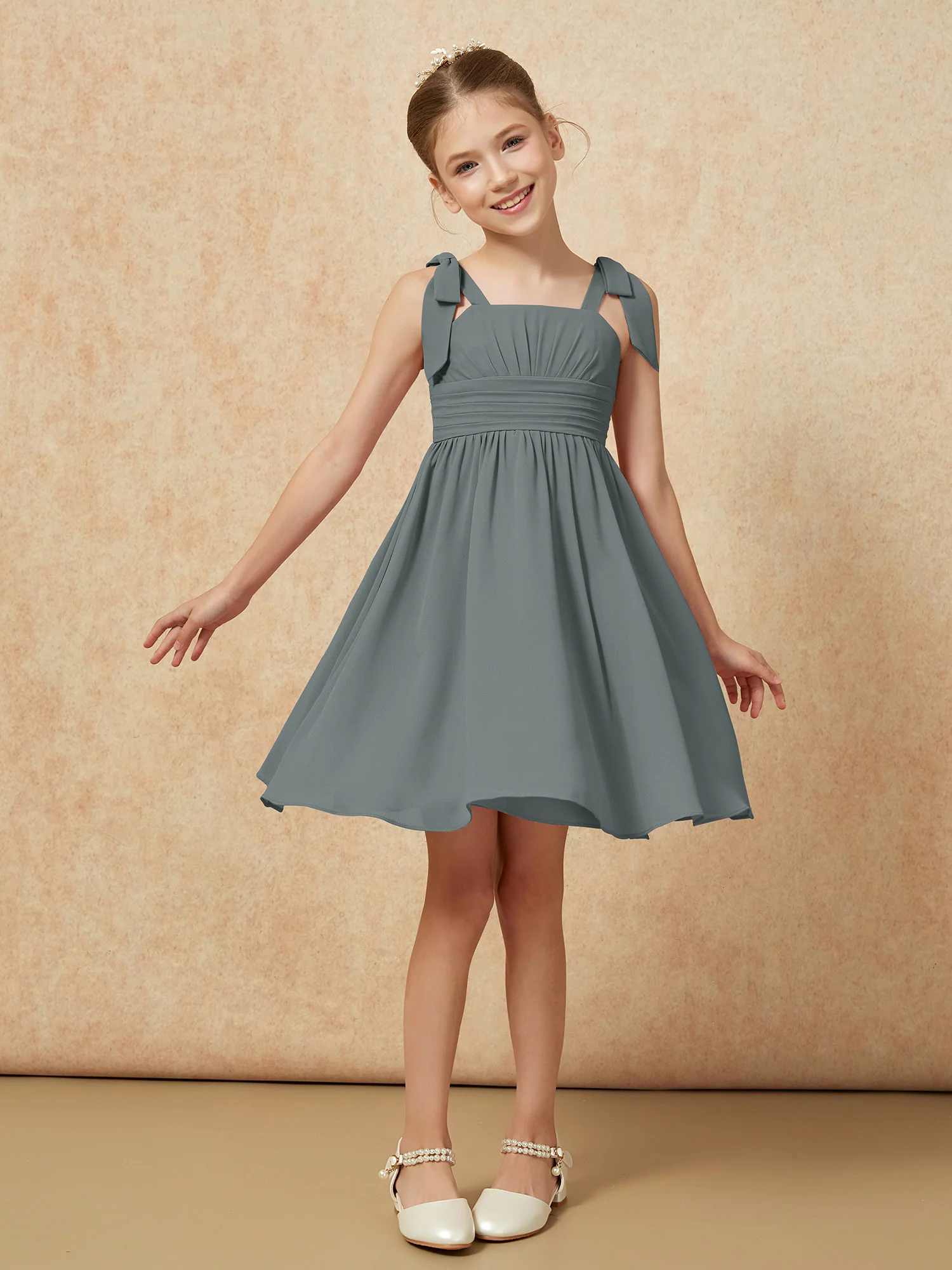 Bowknot Straps Knee-length Junior Bridesmaid Dresses Steel Grey