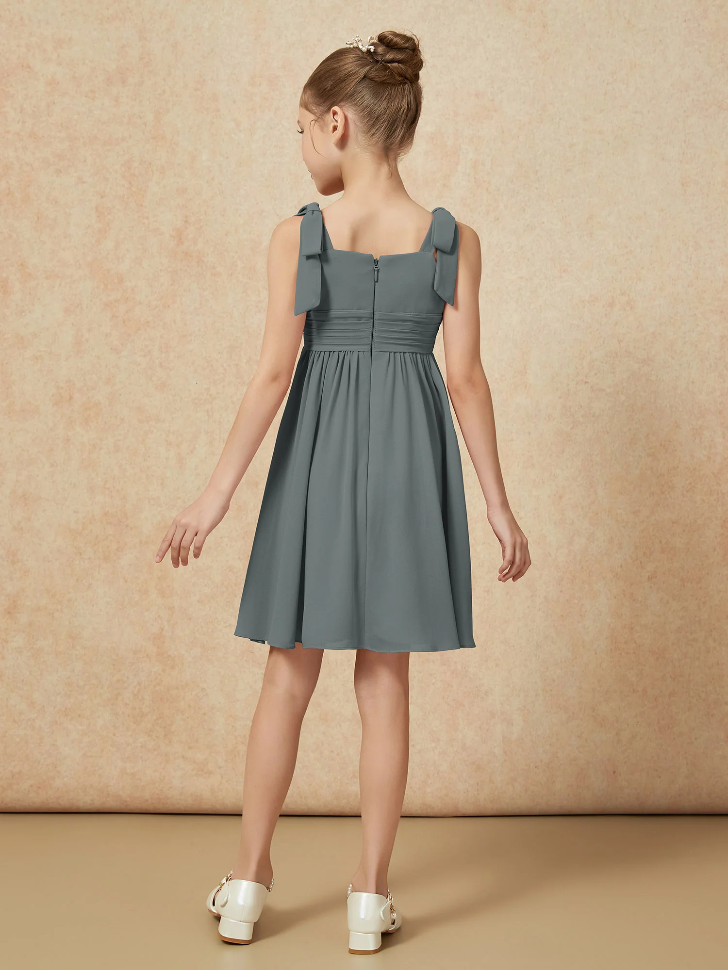 Bowknot Straps Knee-length Junior Bridesmaid Dresses Steel Grey - Image 2