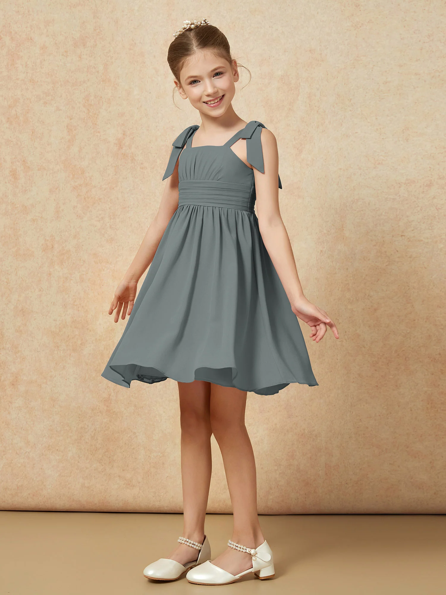 Bowknot Straps Knee-length Junior Bridesmaid Dresses Steel Grey - Image 3