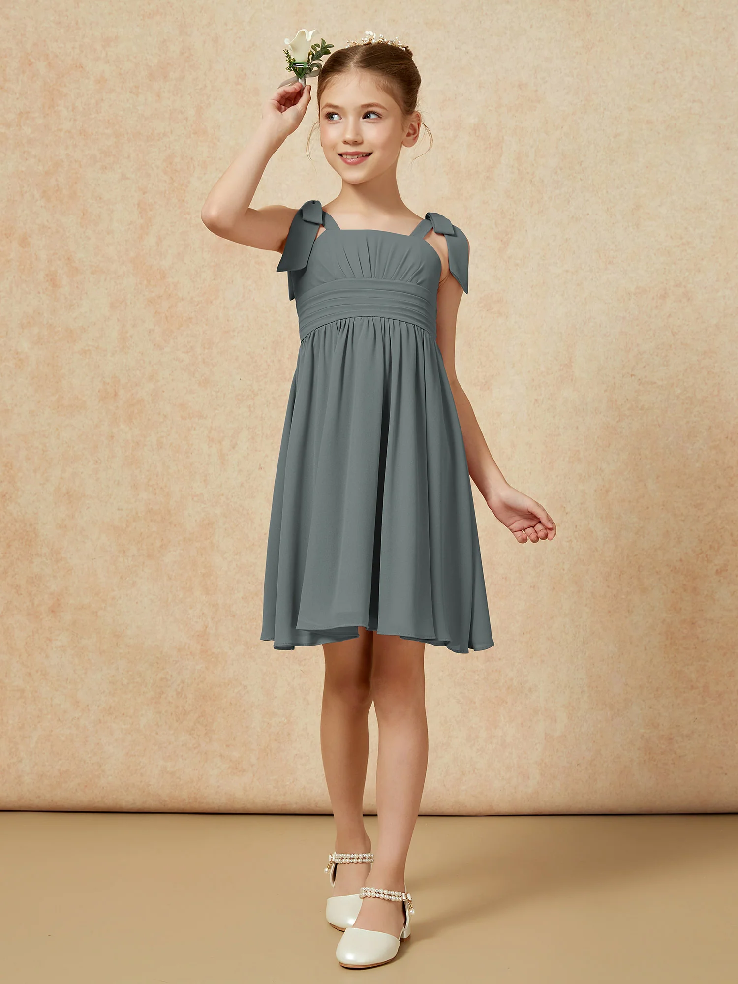 Bowknot Straps Knee-length Junior Bridesmaid Dresses Steel Grey - Image 4