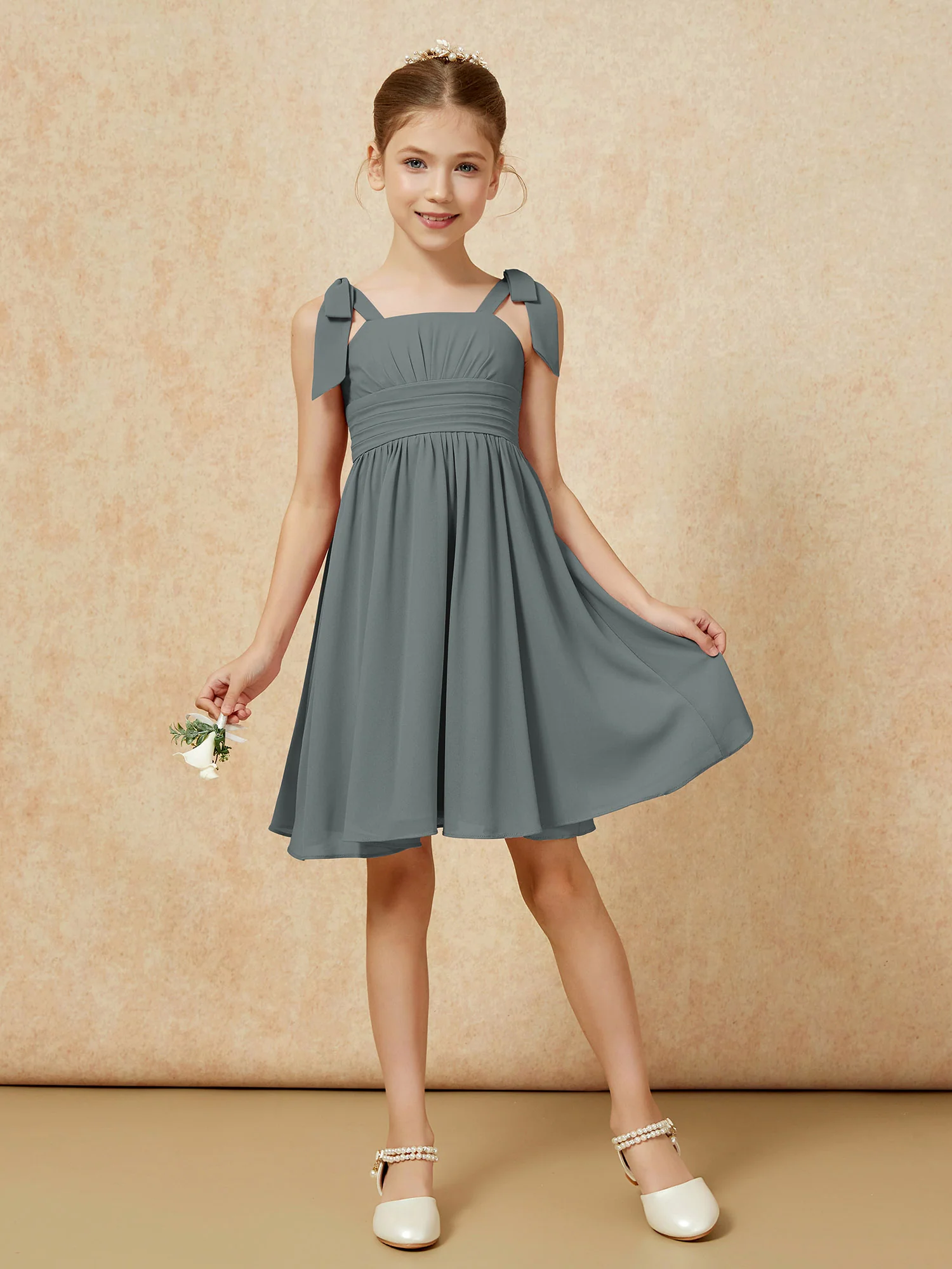 Bowknot Straps Knee-length Junior Bridesmaid Dresses Steel Grey - Image 5