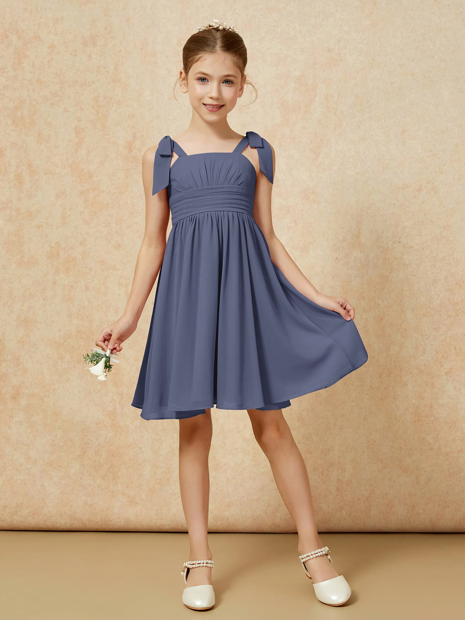 Bowknot Straps Knee-length Junior Bridesmaid Dresses Stormy - Image 5