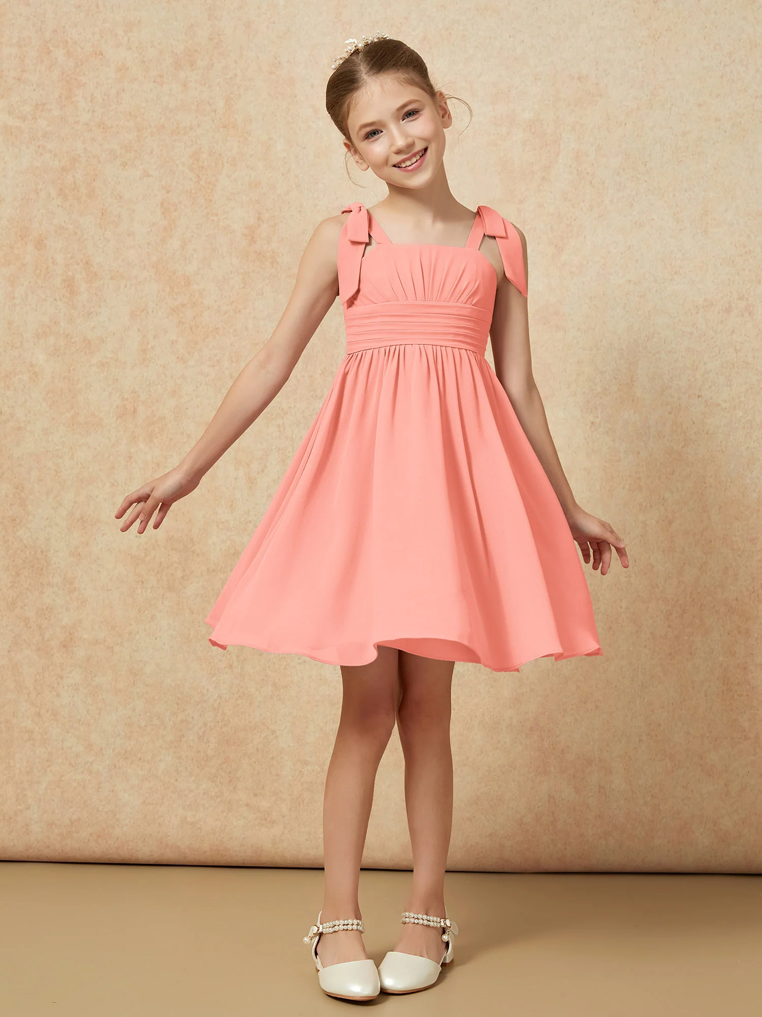 Bowknot Straps Knee-length Junior Bridesmaid Dresses Sunset