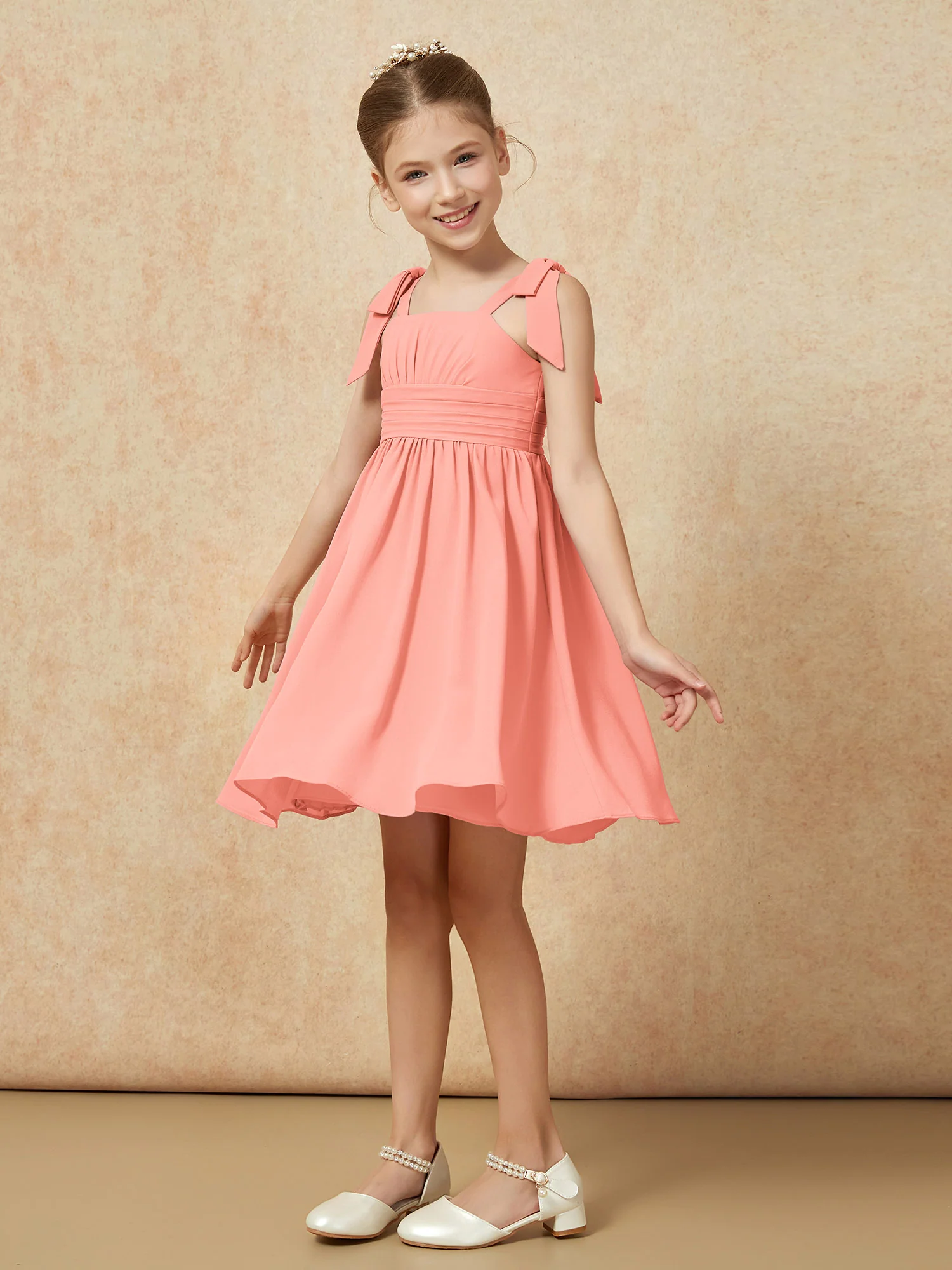 Bowknot Straps Knee-length Junior Bridesmaid Dresses Sunset - Image 3