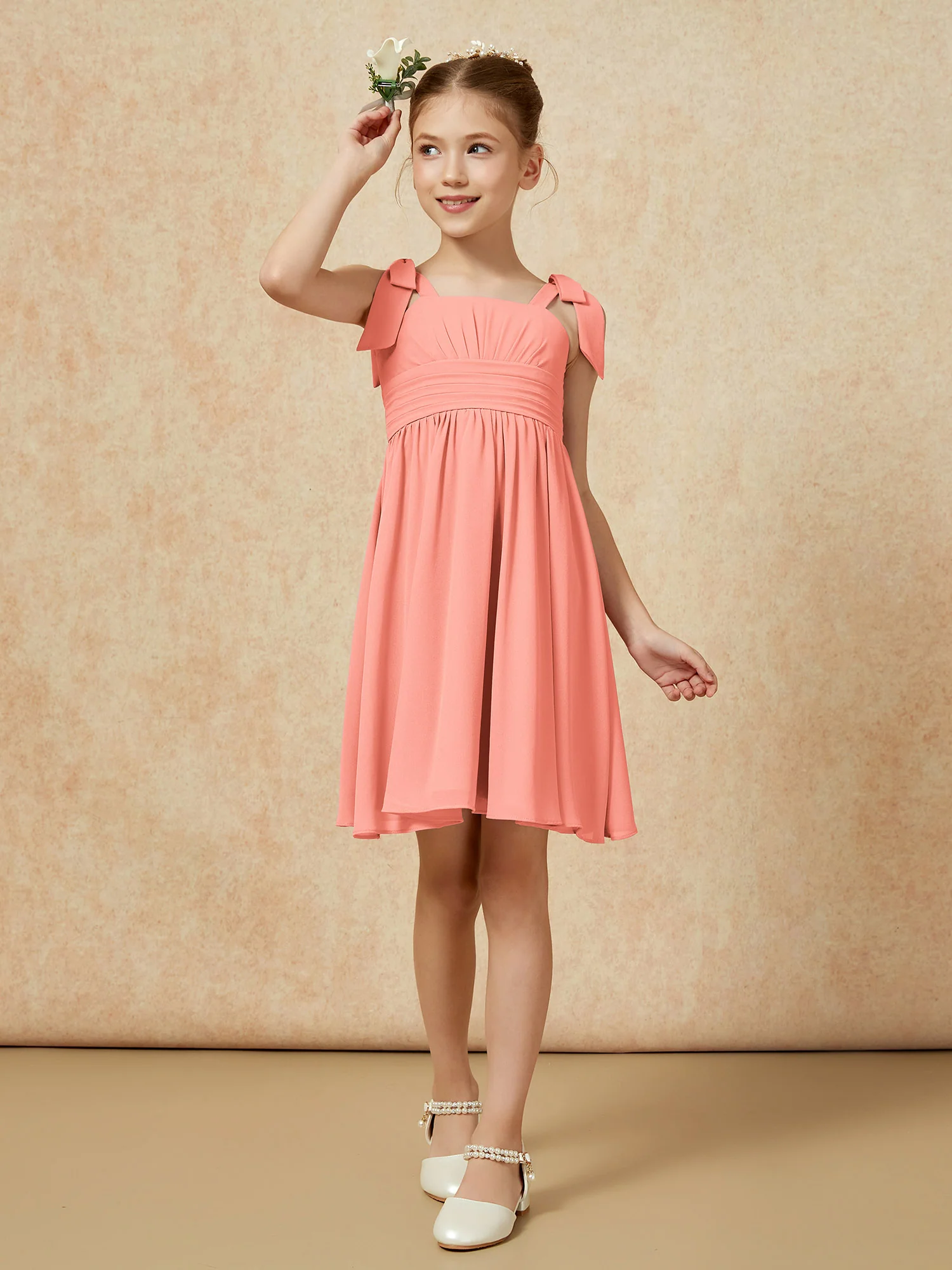 Bowknot Straps Knee-length Junior Bridesmaid Dresses Sunset - Image 4