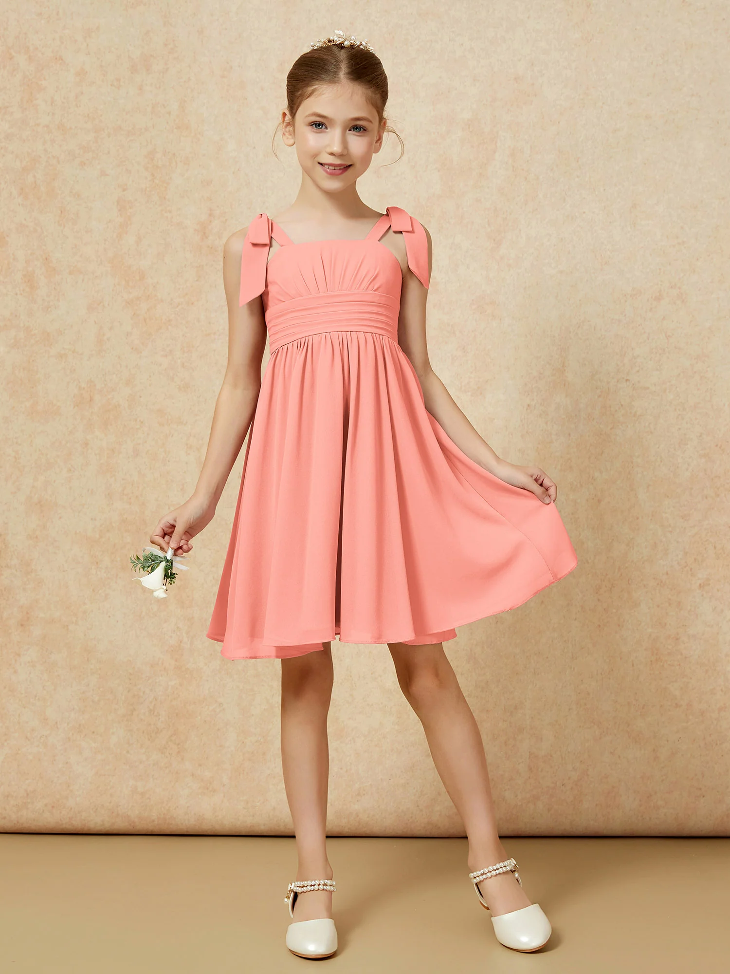 Bowknot Straps Knee-length Junior Bridesmaid Dresses Sunset - Image 5