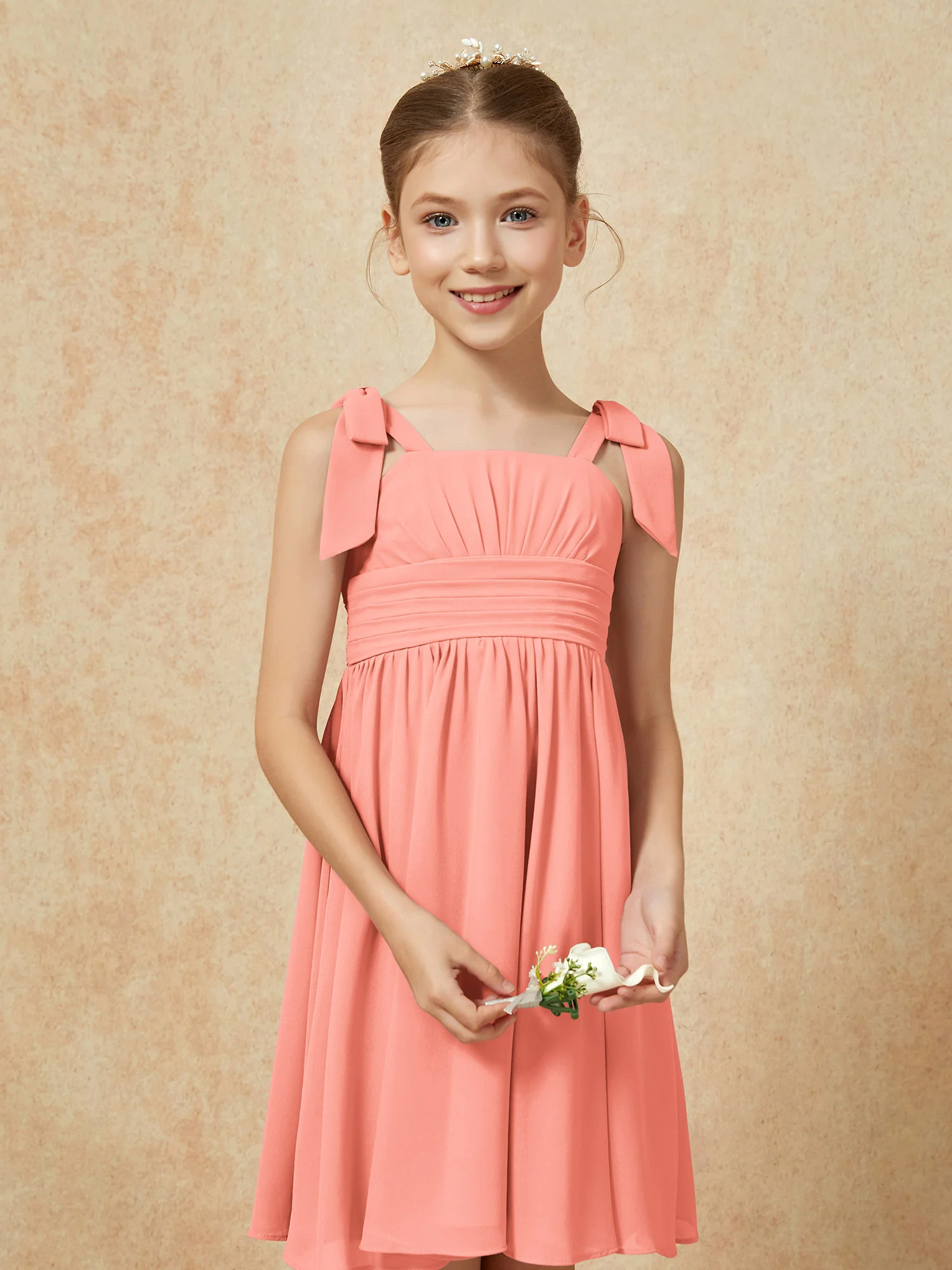 Bowknot Straps Knee-length Junior Bridesmaid Dresses Sunset - Image 6