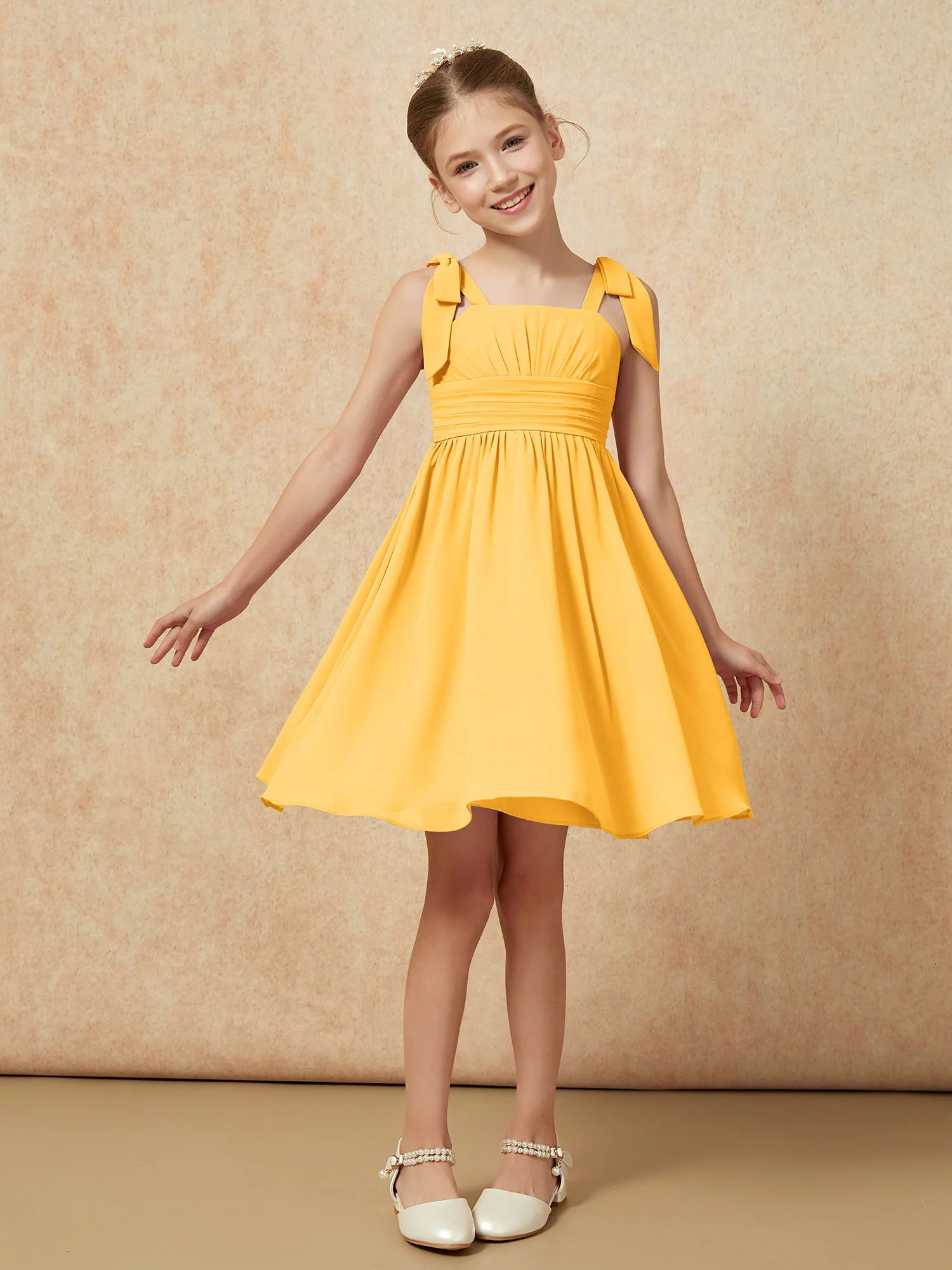 Bowknot Straps Knee-length Junior Bridesmaid Dresses Tangerine