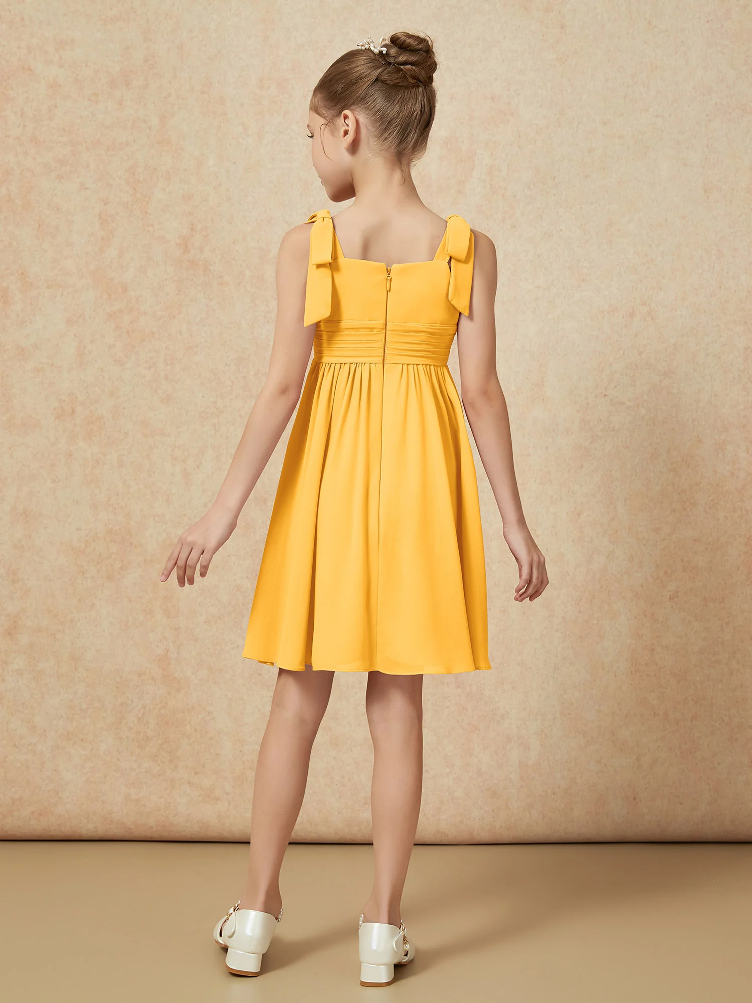 Bowknot Straps Knee-length Junior Bridesmaid Dresses Tangerine - Image 2