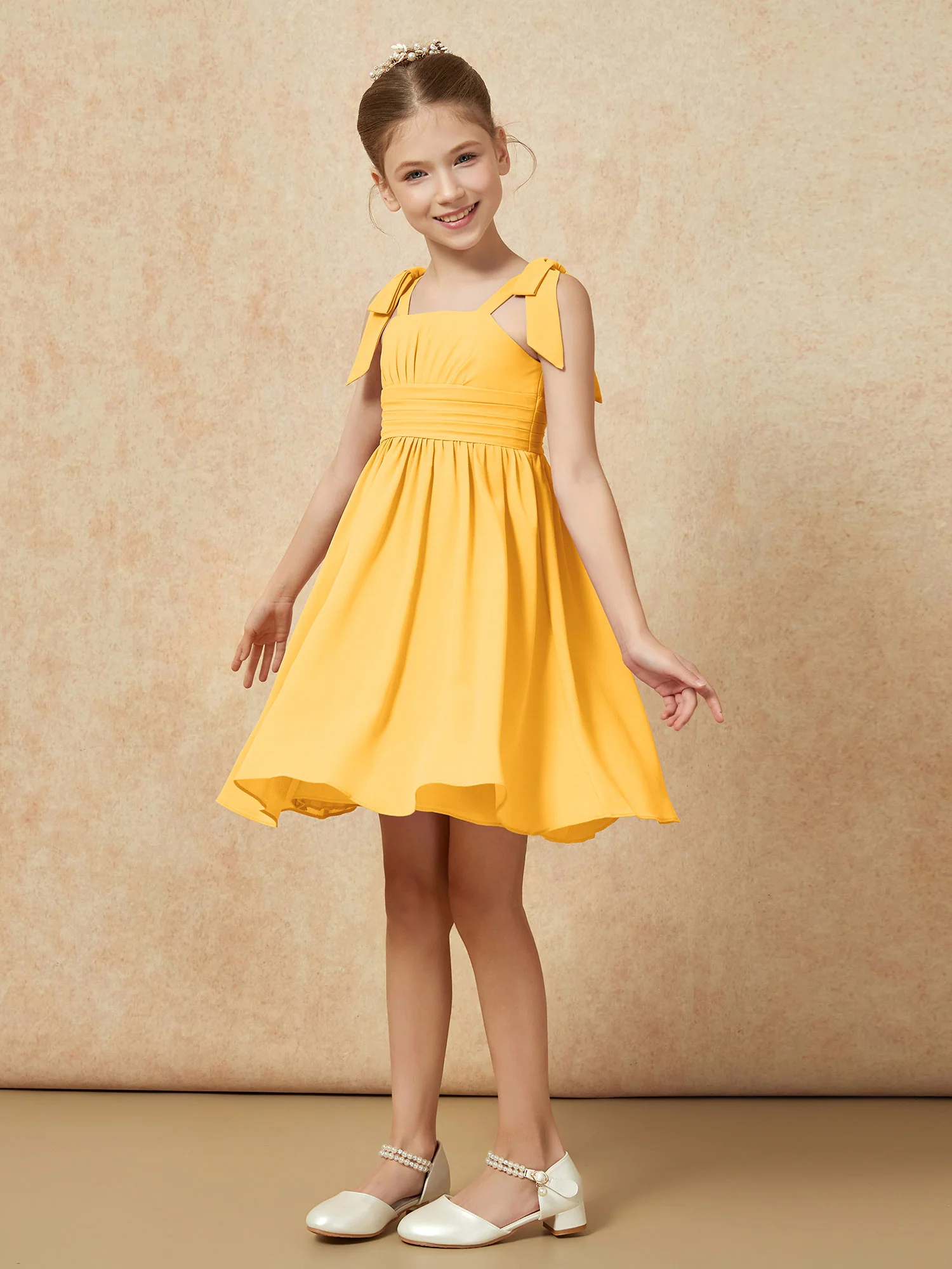 Bowknot Straps Knee-length Junior Bridesmaid Dresses Tangerine - Image 3