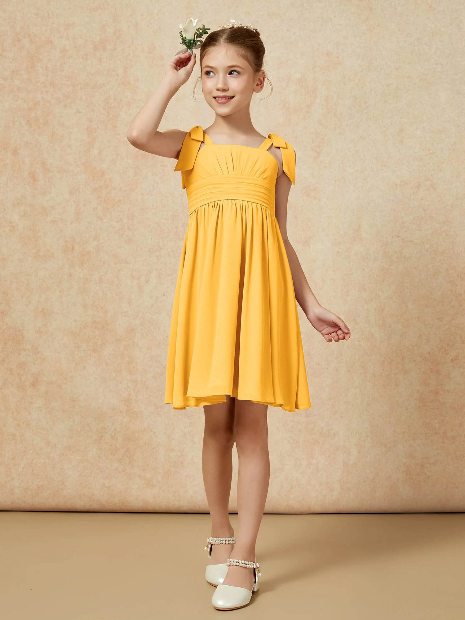 Bowknot Straps Knee-length Junior Bridesmaid Dresses Tangerine - Image 4