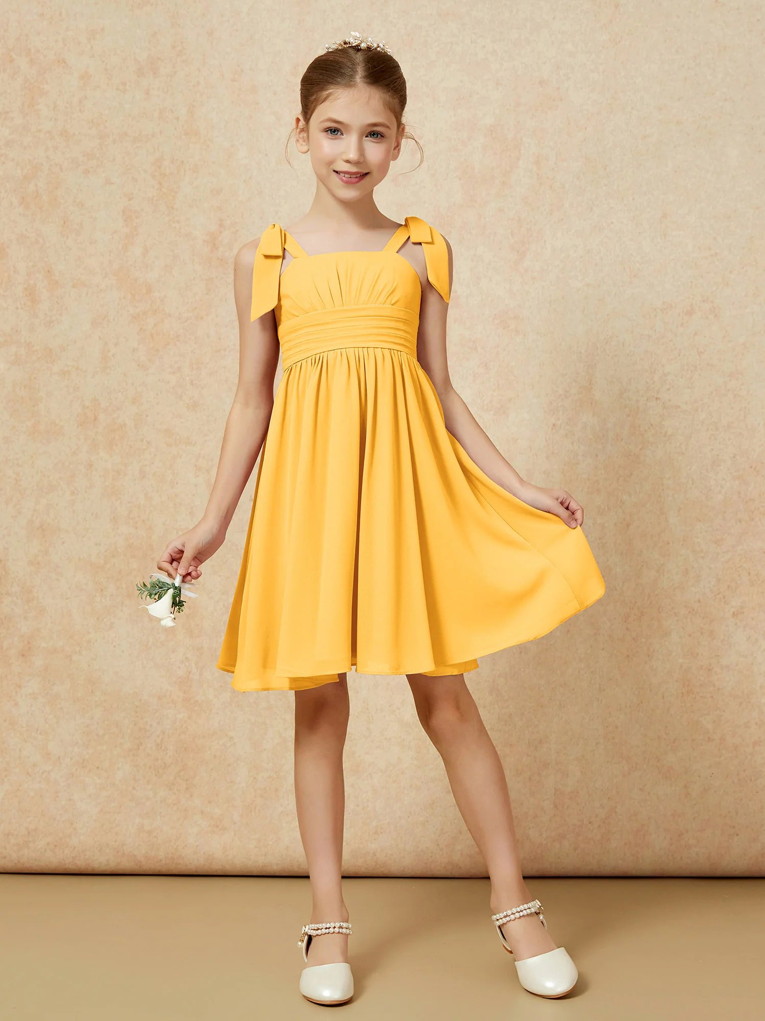 Bowknot Straps Knee-length Junior Bridesmaid Dresses Tangerine - Image 5
