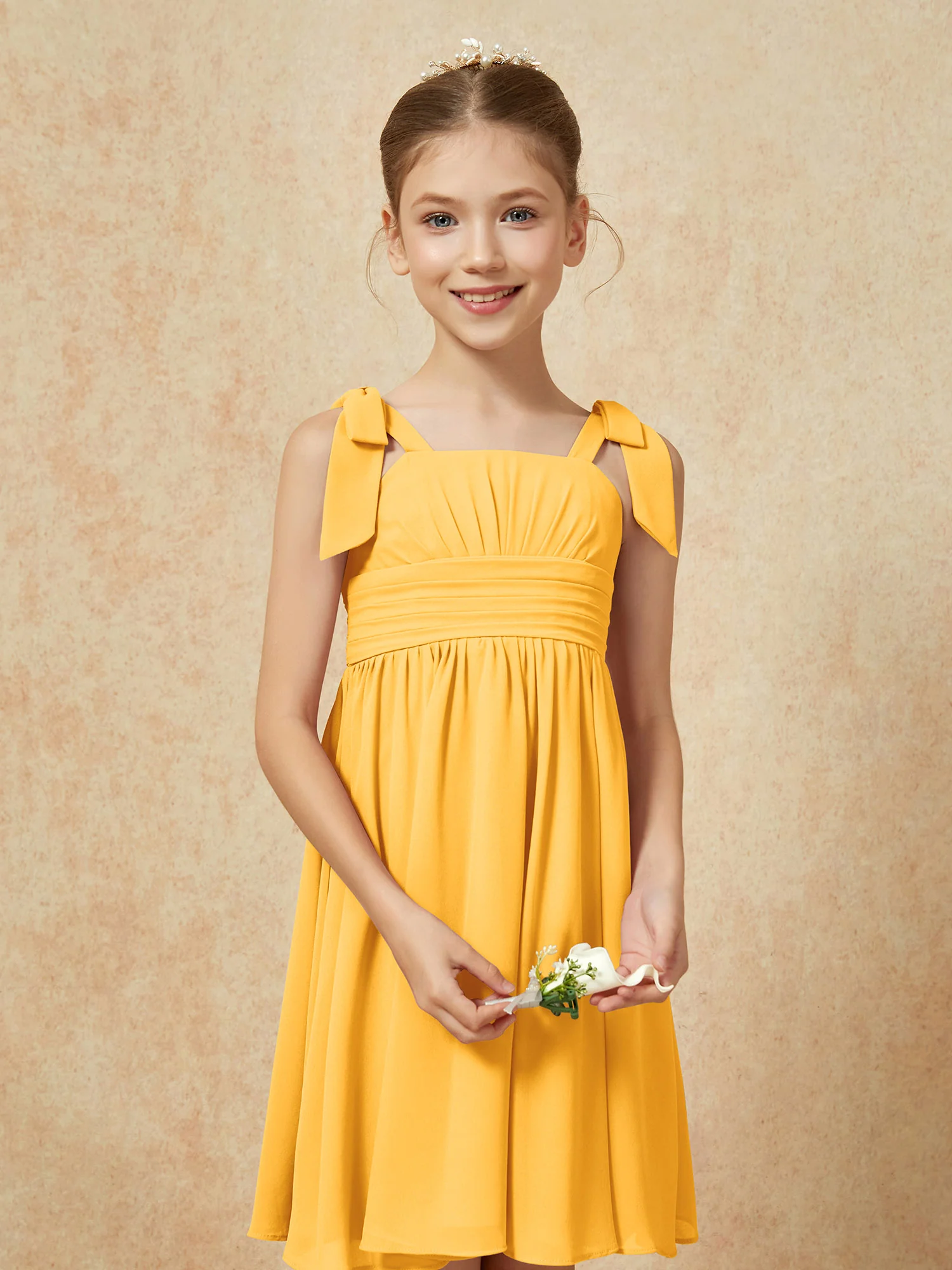 Bowknot Straps Knee-length Junior Bridesmaid Dresses Tangerine - Image 6