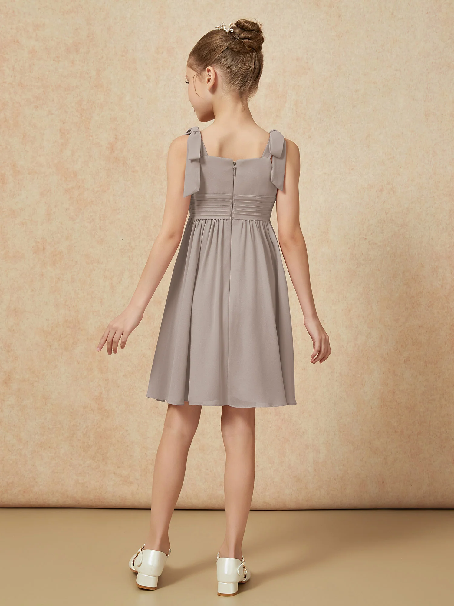 Bowknot Straps Knee-length Junior Bridesmaid Dresses Taupe - Image 2