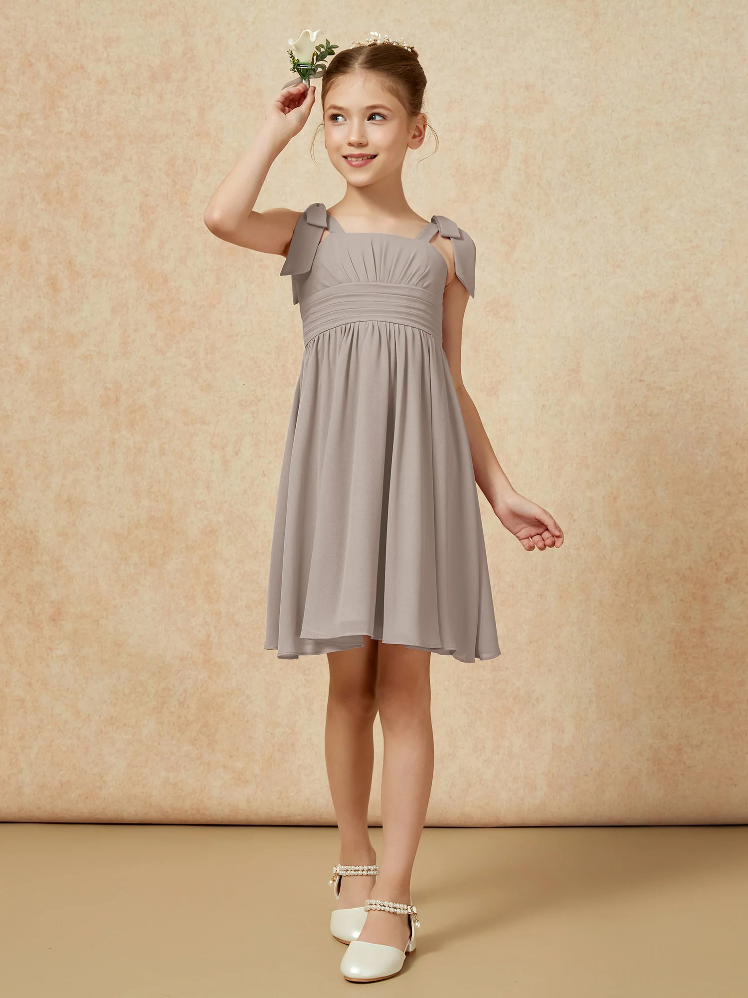 Bowknot Straps Knee-length Junior Bridesmaid Dresses Taupe - Image 4