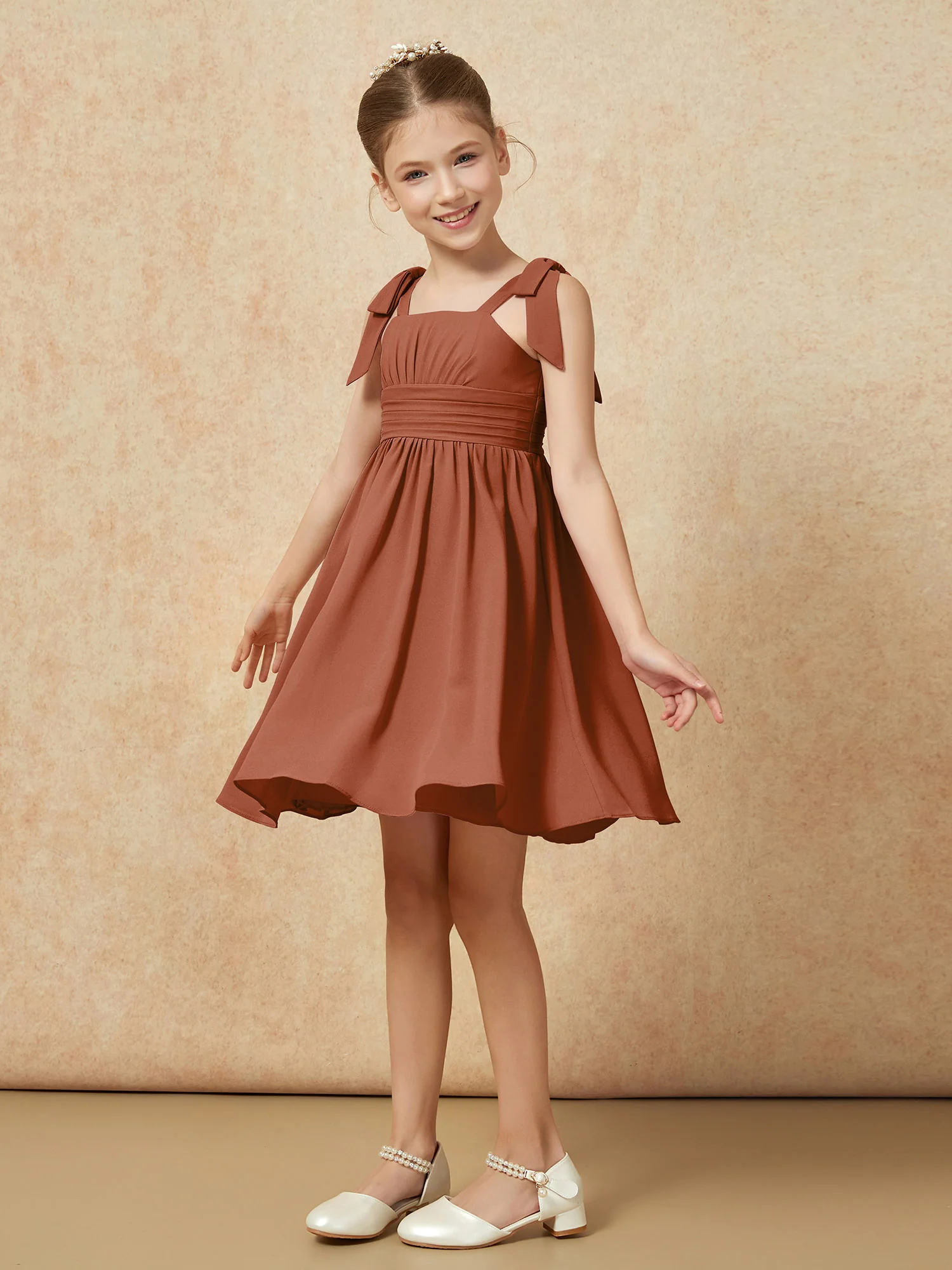 Bowknot Straps Knee-length Junior Bridesmaid Dresses Terracotta - Image 3