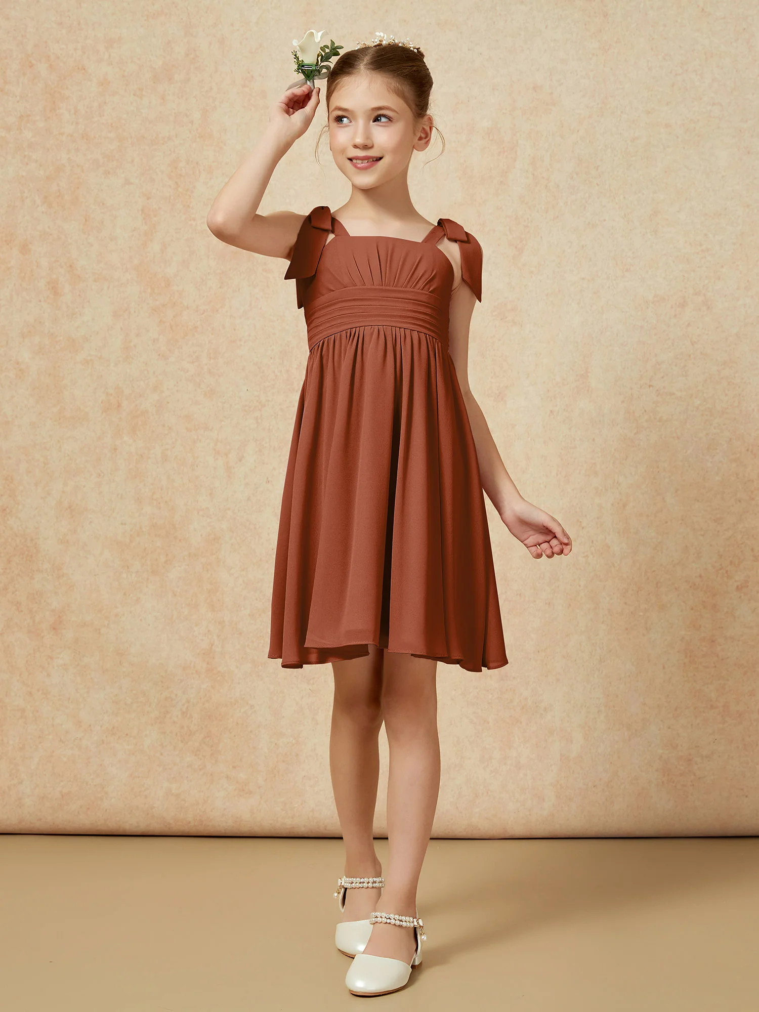 Bowknot Straps Knee-length Junior Bridesmaid Dresses Terracotta - Image 4