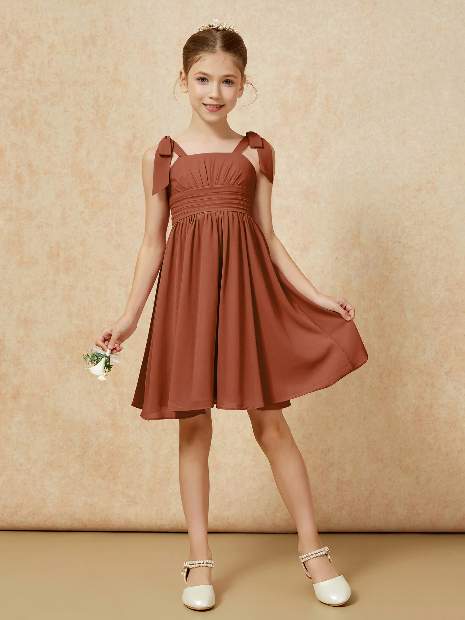 Bowknot Straps Knee-length Junior Bridesmaid Dresses Terracotta - Image 5