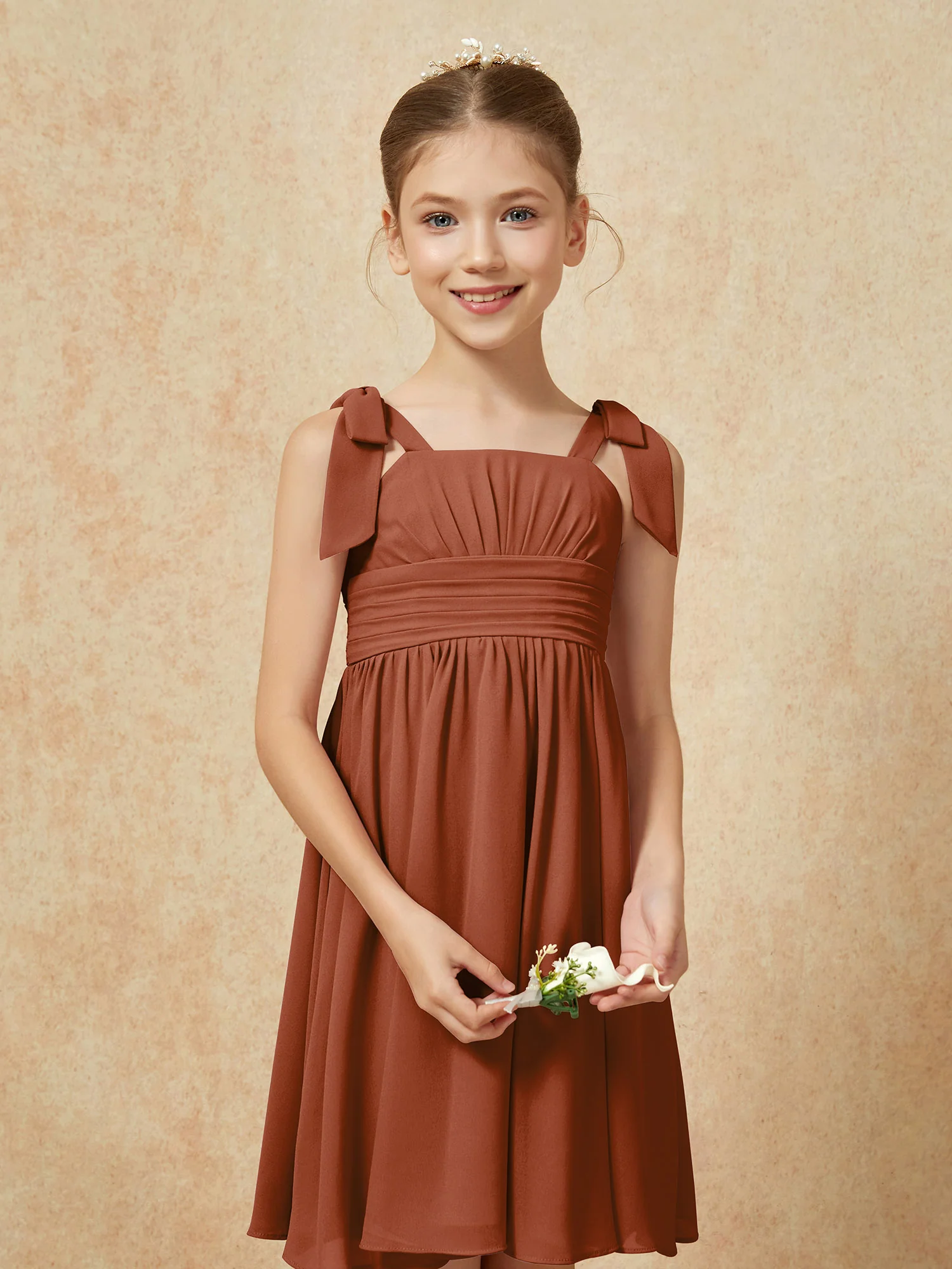 Bowknot Straps Knee-length Junior Bridesmaid Dresses Terracotta - Image 6