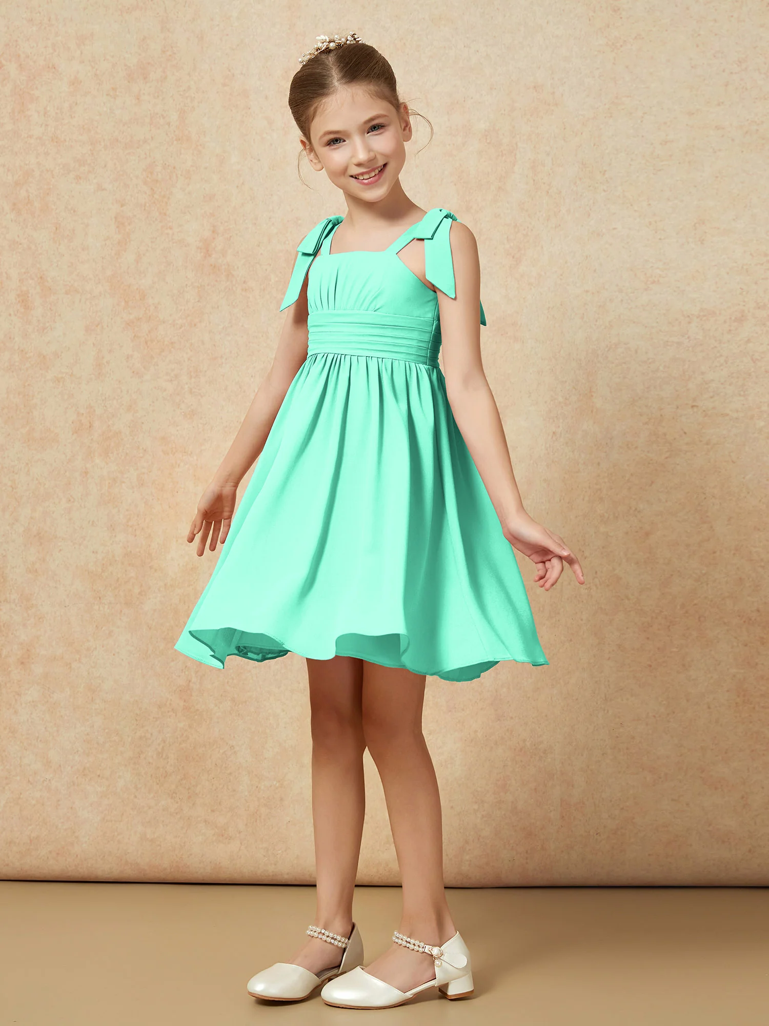 Bowknot Straps Knee-length Junior Bridesmaid Dresses Turquoise - Image 3