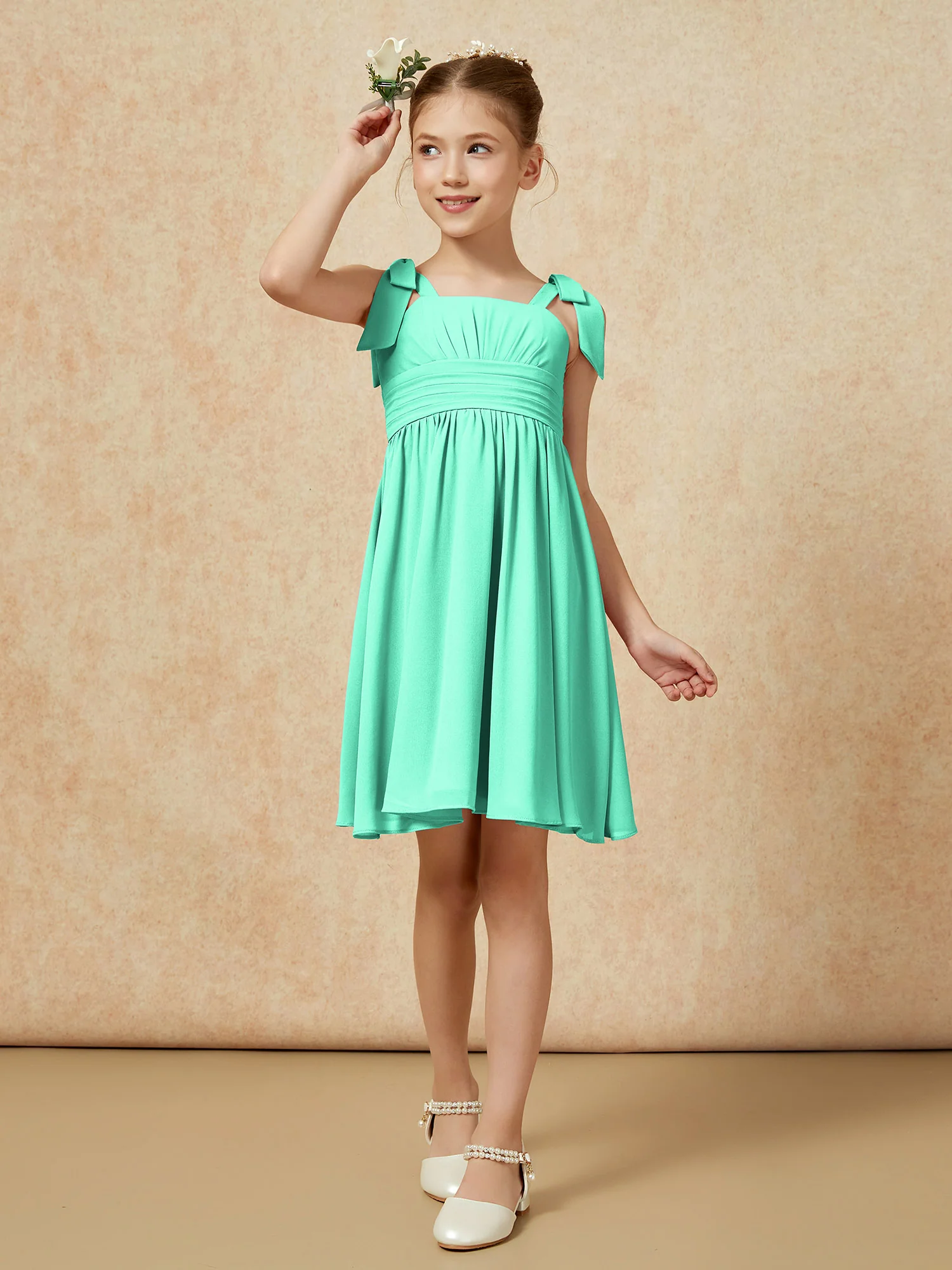 Bowknot Straps Knee-length Junior Bridesmaid Dresses Turquoise - Image 4