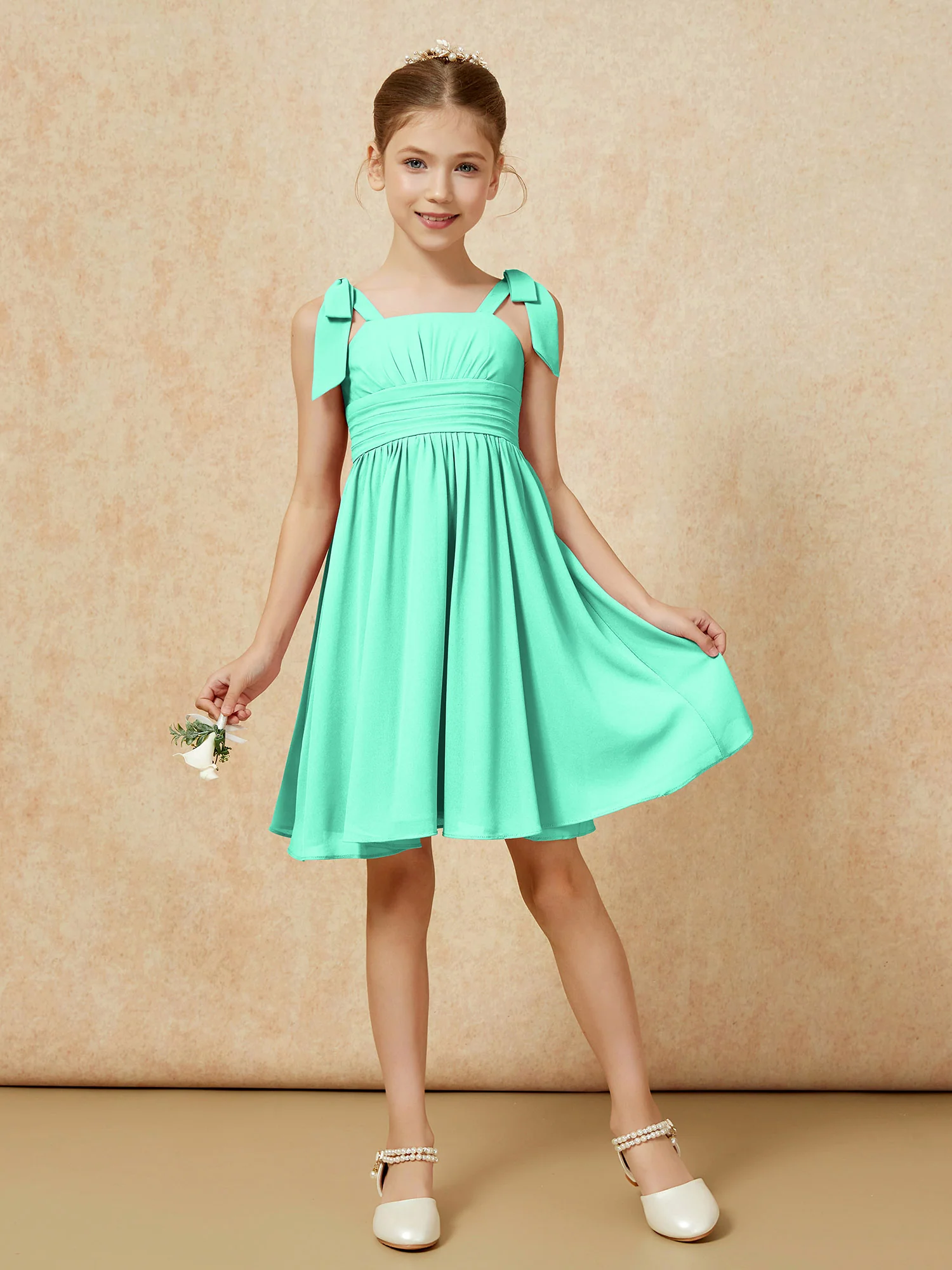 Bowknot Straps Knee-length Junior Bridesmaid Dresses Turquoise - Image 5