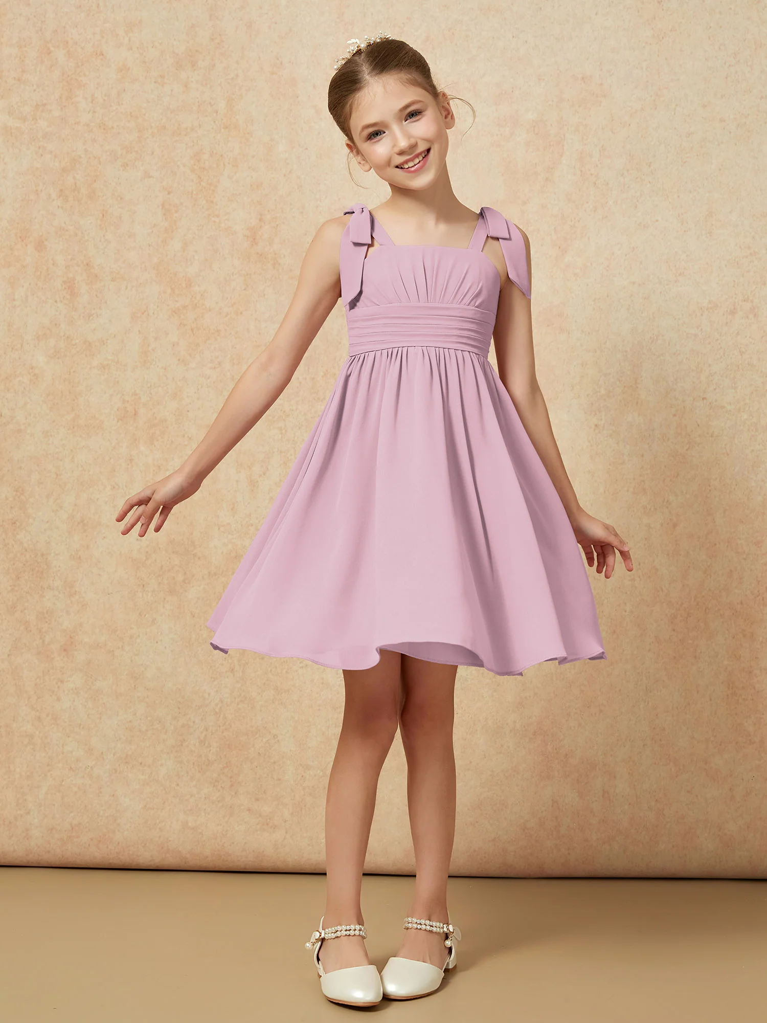 Bowknot Straps Knee-length Junior Bridesmaid Dresses Vintage Mauve