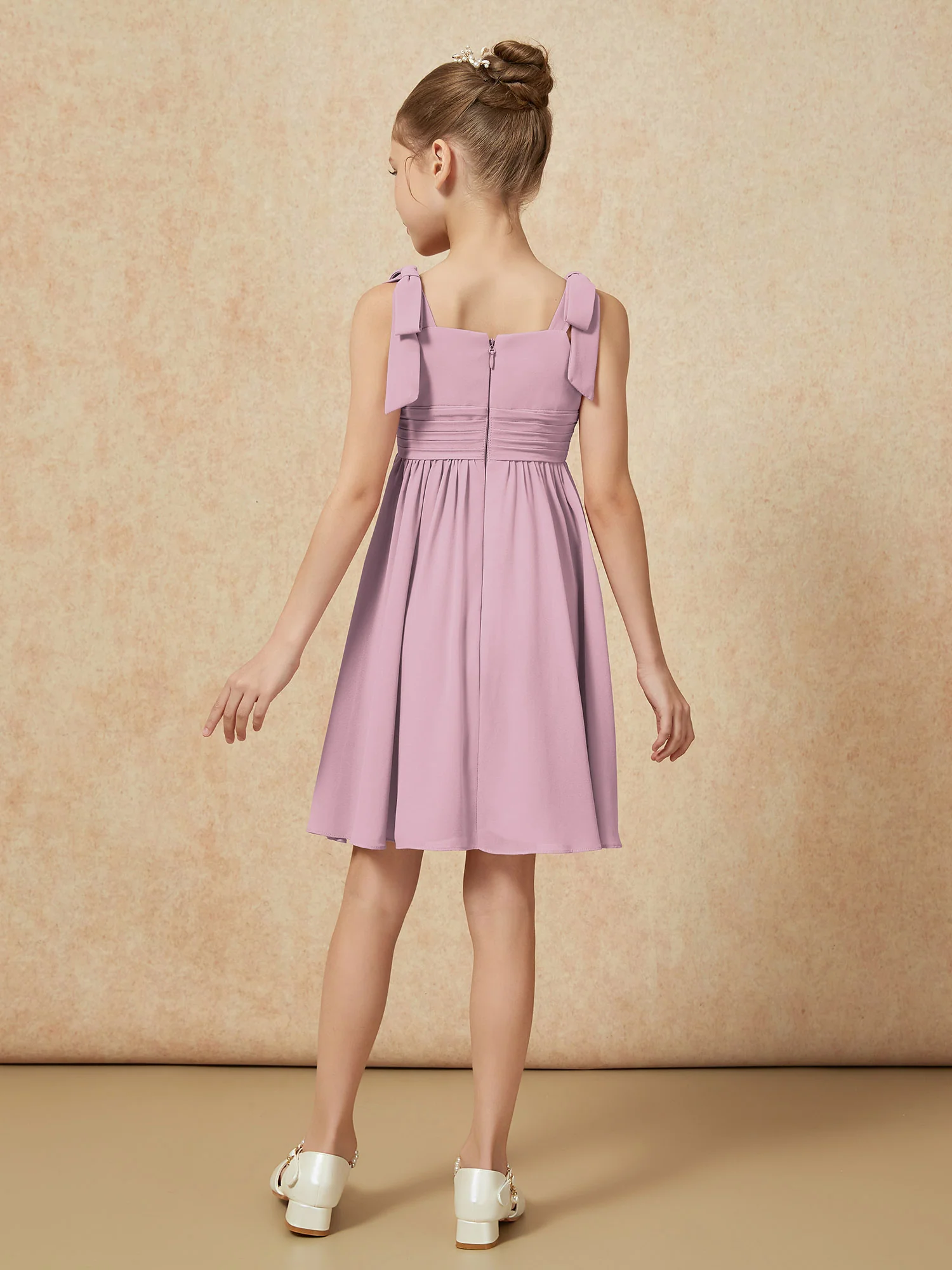 Bowknot Straps Knee-length Junior Bridesmaid Dresses Vintage Mauve - Image 2