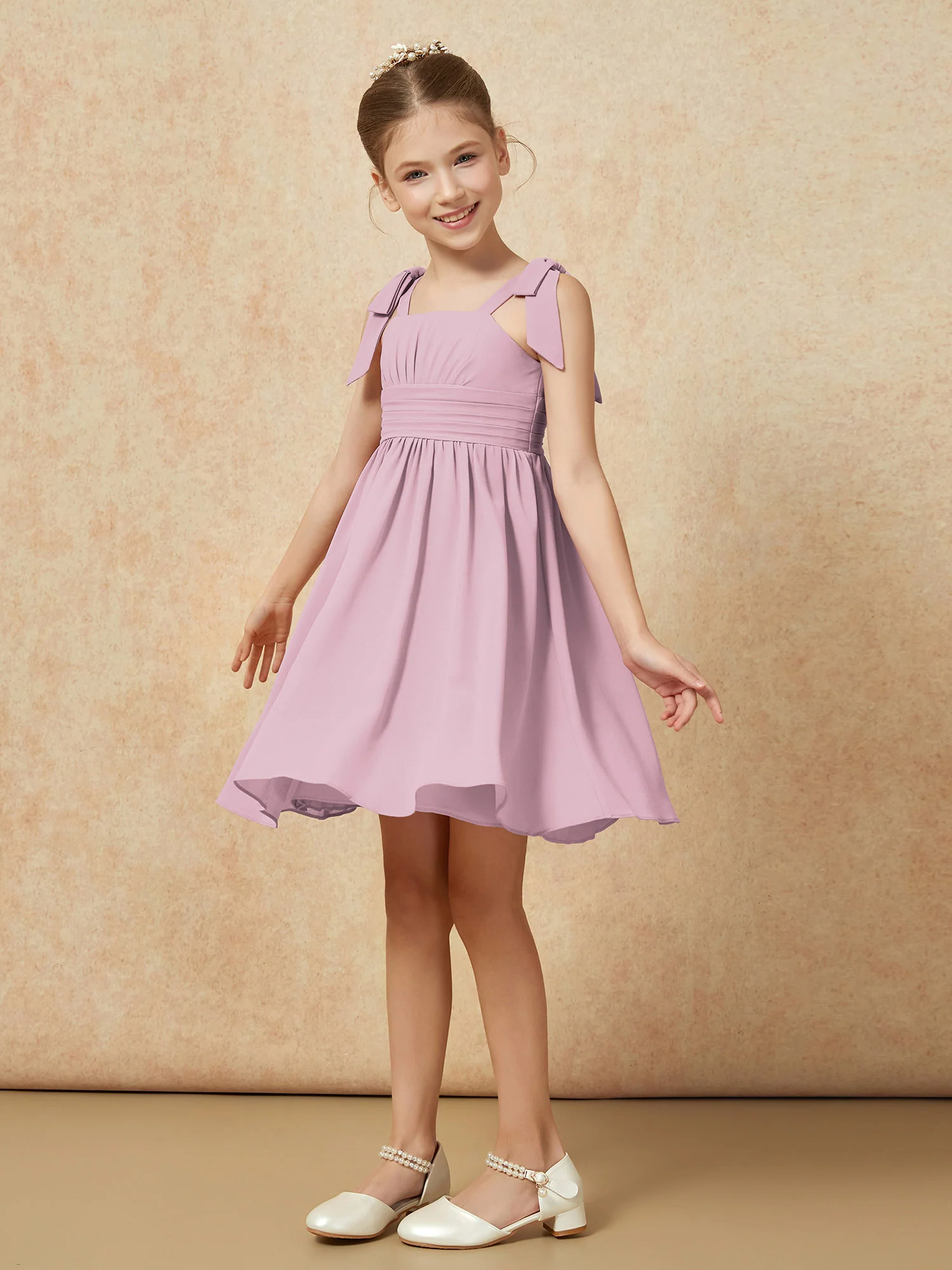 Bowknot Straps Knee-length Junior Bridesmaid Dresses Vintage Mauve - Image 3